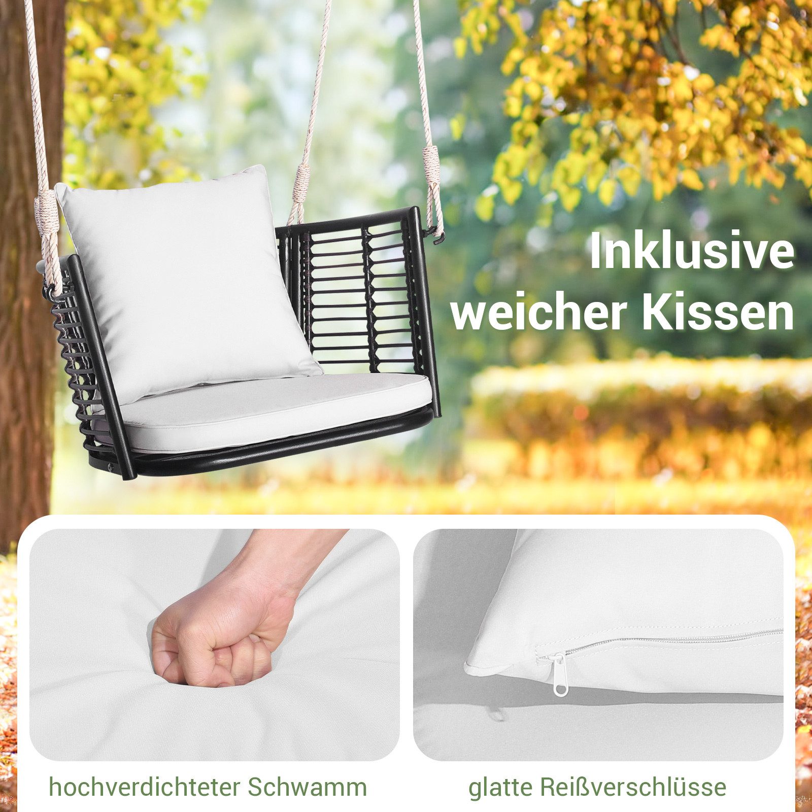 COSTWAY Hängesessel, ohne Gestell, mit Kissen, Rattan 180kg höhenverstellbar