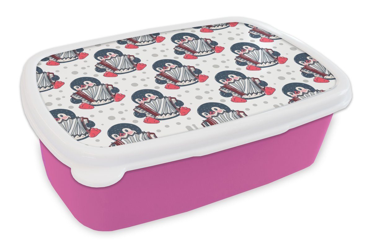 MuchoWow Lunchbox Akkordeon - Pinguin - Schablonen, Kunststoff, (2-tlg), Brotbox für Erwachsene, Brotdose Kinder, Snackbox, Mädchen, Kunststoff rosa