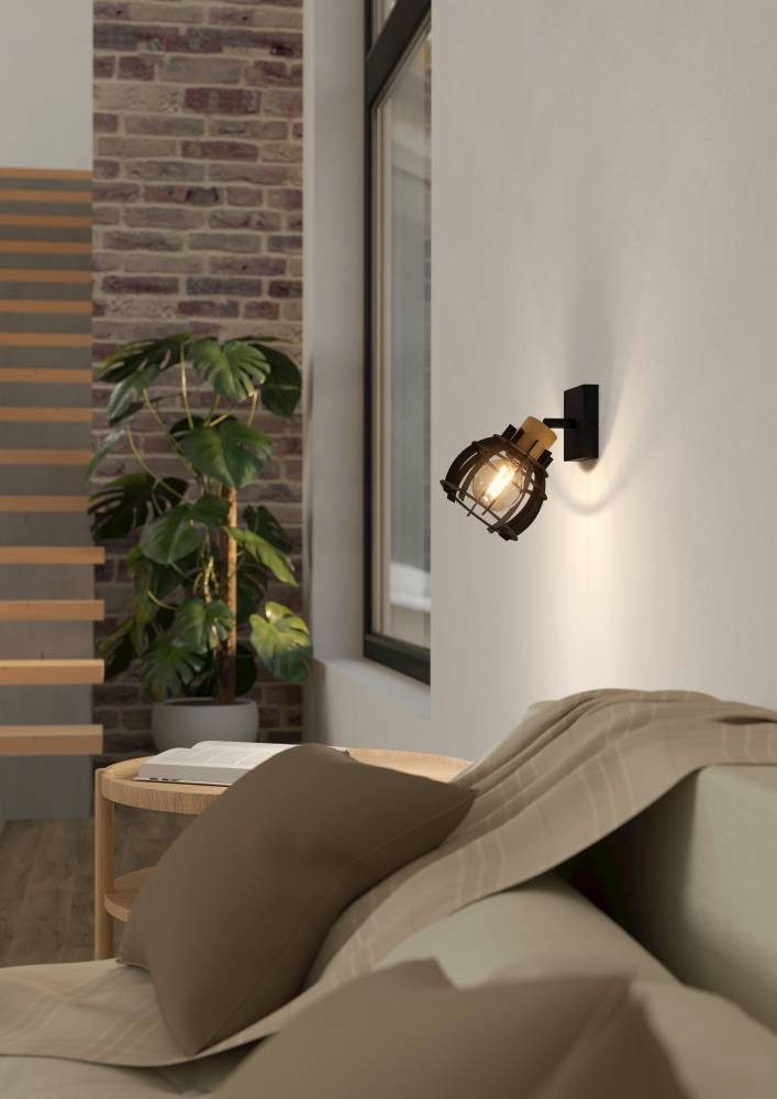 EGLO Deckenspot STILLINGTON 1, ohne Leuchtmittel, Wandleuchte, Wandspot aus Holz und Metall in Schwarz, Wohnzimmer, Flur