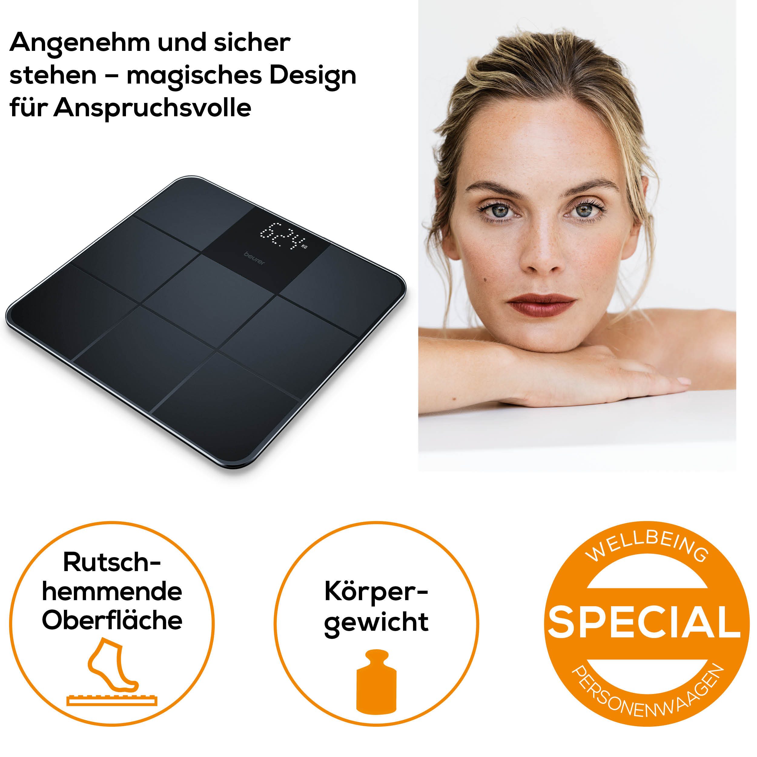 BEURER Personenwaage GS 235 Glaswaage mit Magic-LED Display - erscheint nur bei Messung, Elegante Oberfläche mit matter Fliesenstruktur, Tragkraft bis 180 kg
