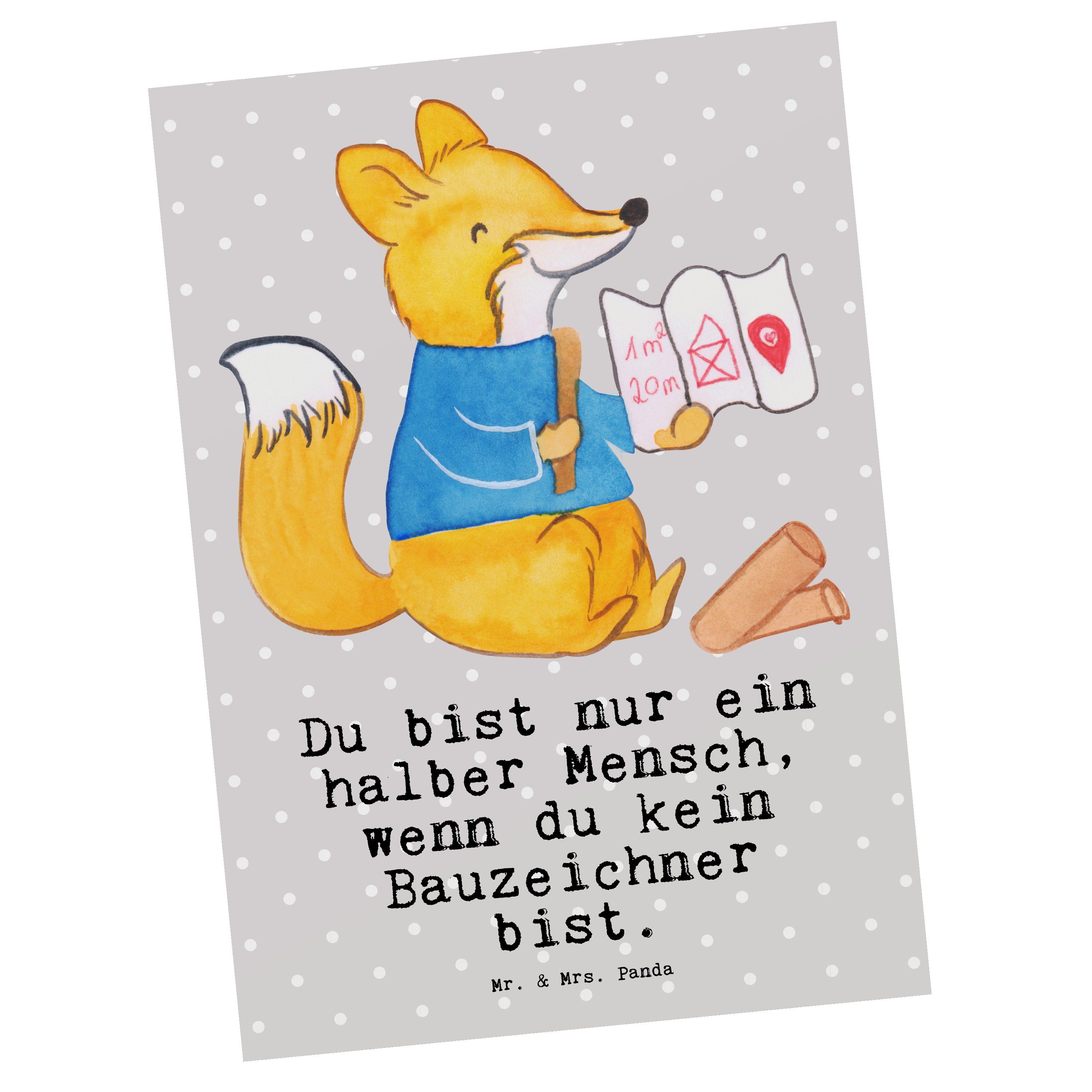 Mr. & Mrs. Panda Postkarte Bauzeichner mit Herz - Grau Pastell - Geschenk, Abschied, Geschenkkar
