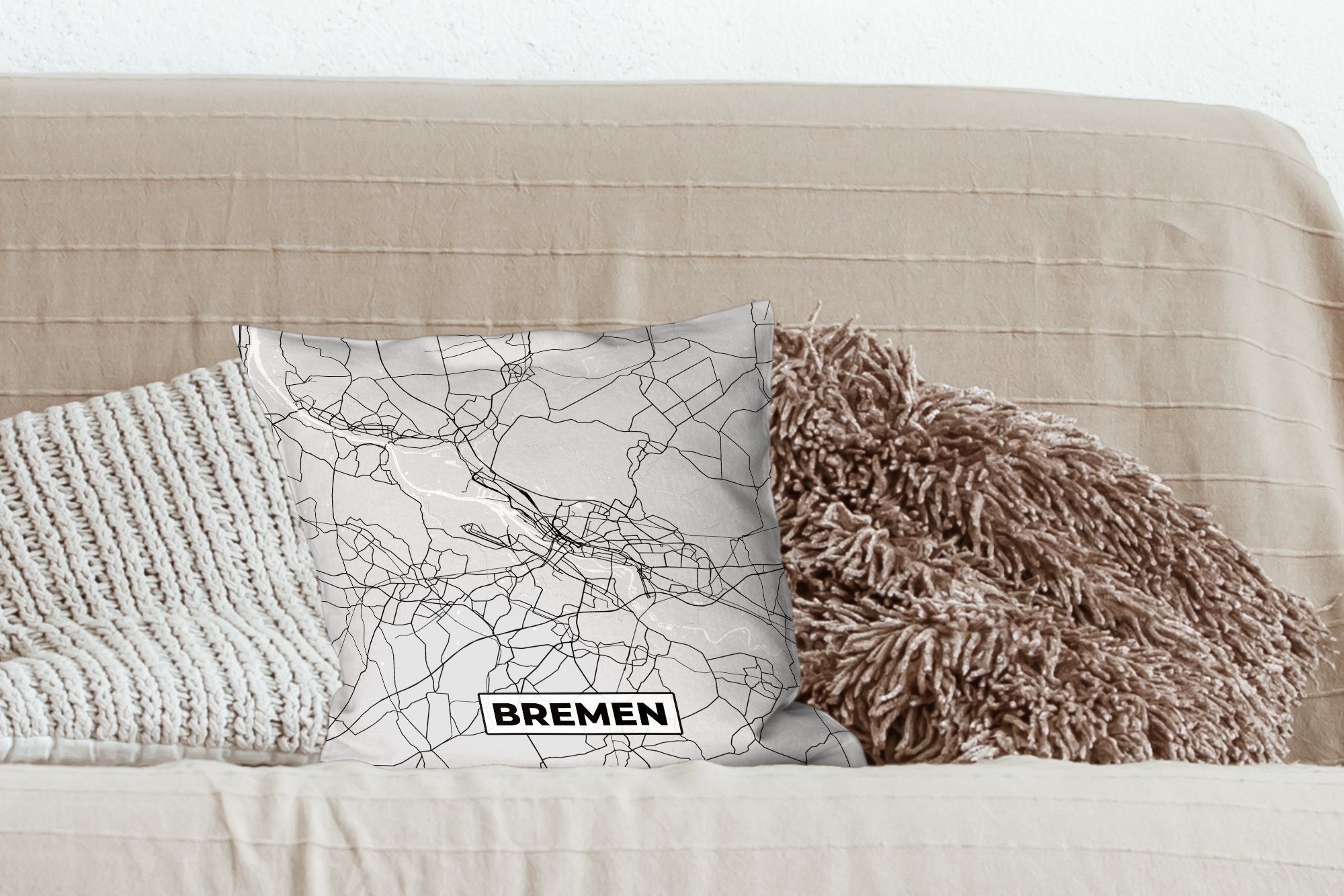 Bremen MuchoWow Sofakissen für Deutschland, Füllung Zierkissen - Wohzimmer, Schlafzimmer, Deko, - Dekokissen mit - Karte Stadtplan