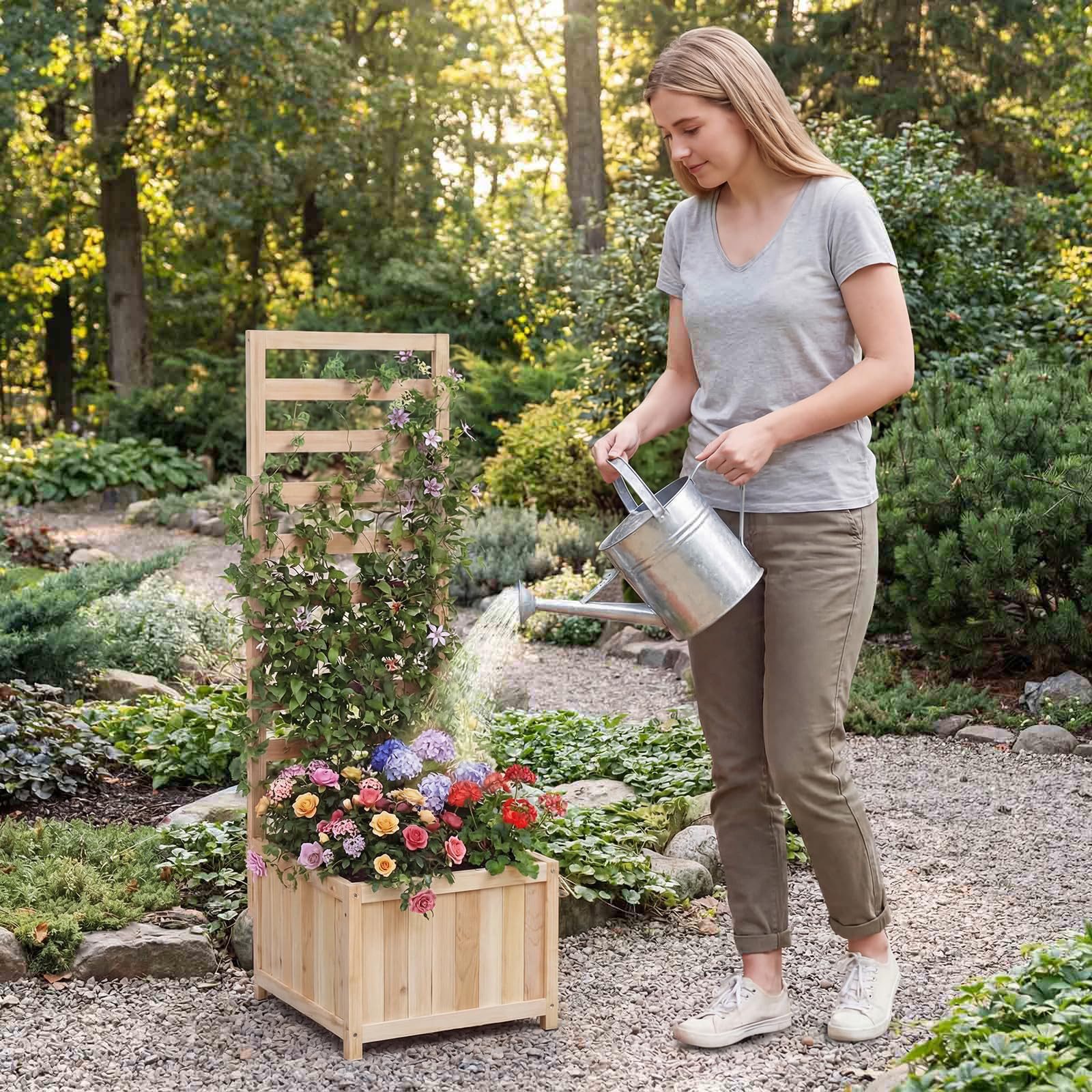 COSTWAY Blumenkasten (1 St), Hochbeet mit Rankgitter, Ablauflöchern, für Kletterpflanzen