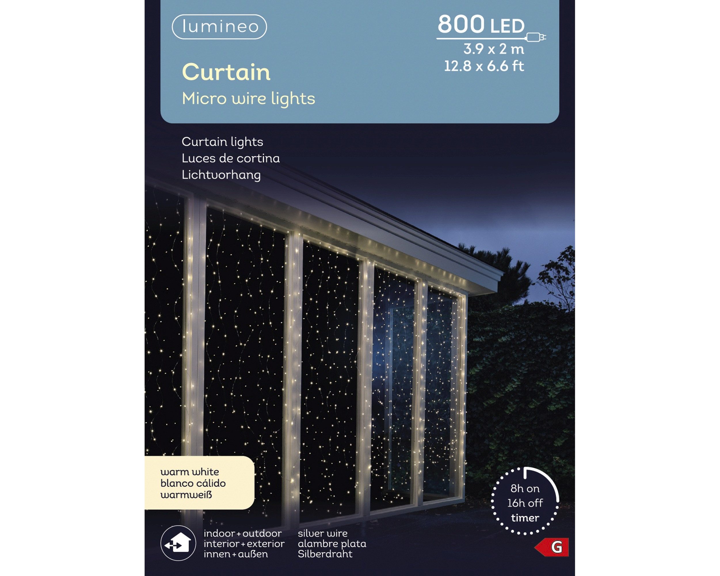 Lumineo Lichtervorhang Lumineo Lichtvorhang CURTAIN LIGHTS 800 LED 3,9x2 m warm weiß, transp., Indoor/Outdoor, 8h-Timer, + 5 m Zuleitung, Lichterkette