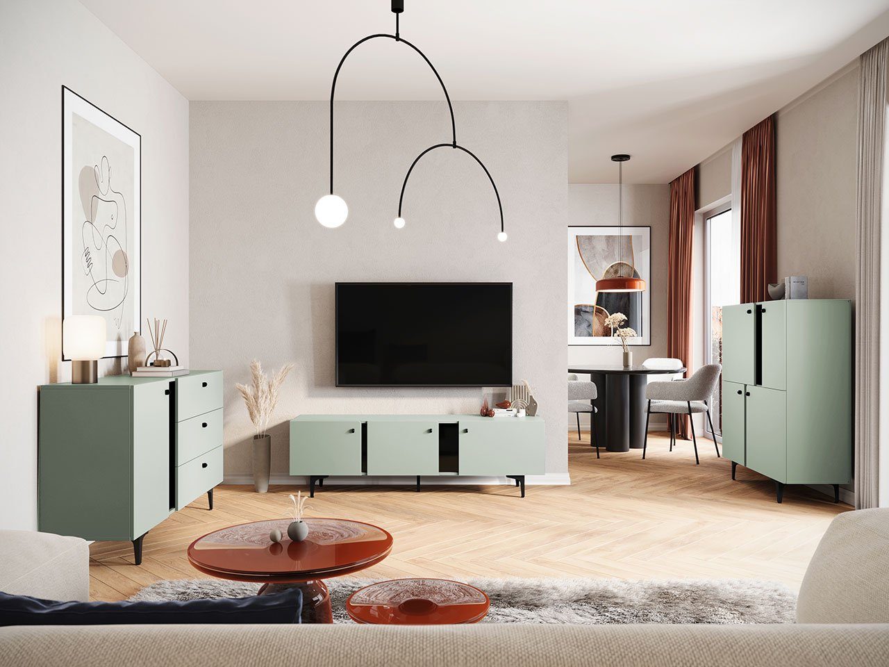 Colours Füße Wohnzimmer-Set aus Kombikommode, TV-Lowboard), und II, Metall Türkommode, Salbei Griffe (Komplett-Set, MIRJAN24