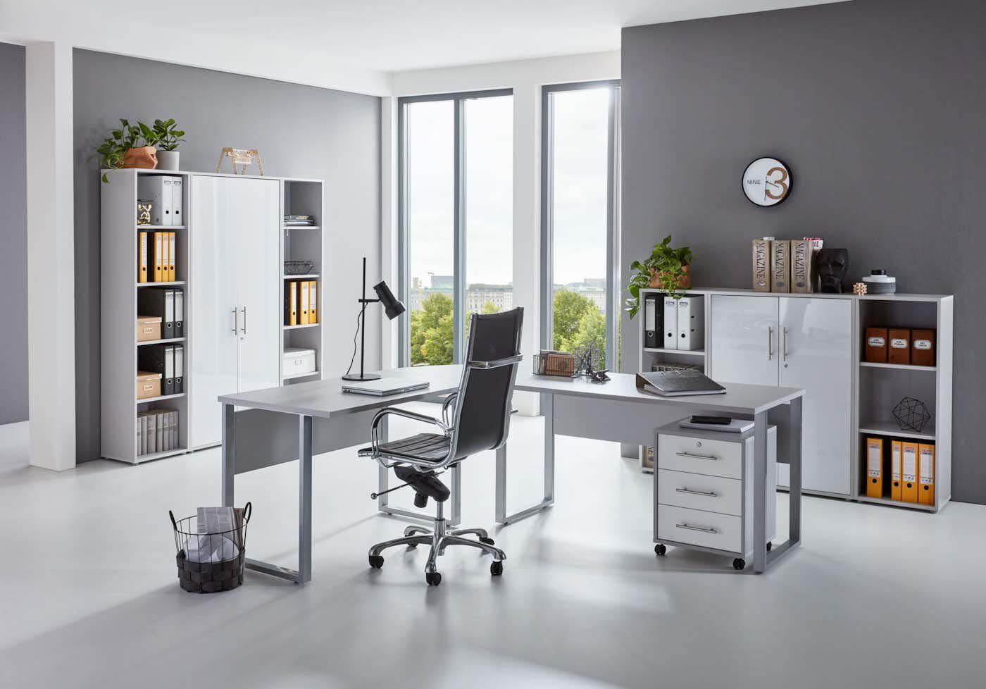 (Set, BMG Büro-Set grau/weiß 10-St) 5, Hochglanz Office Möbel Tabor
