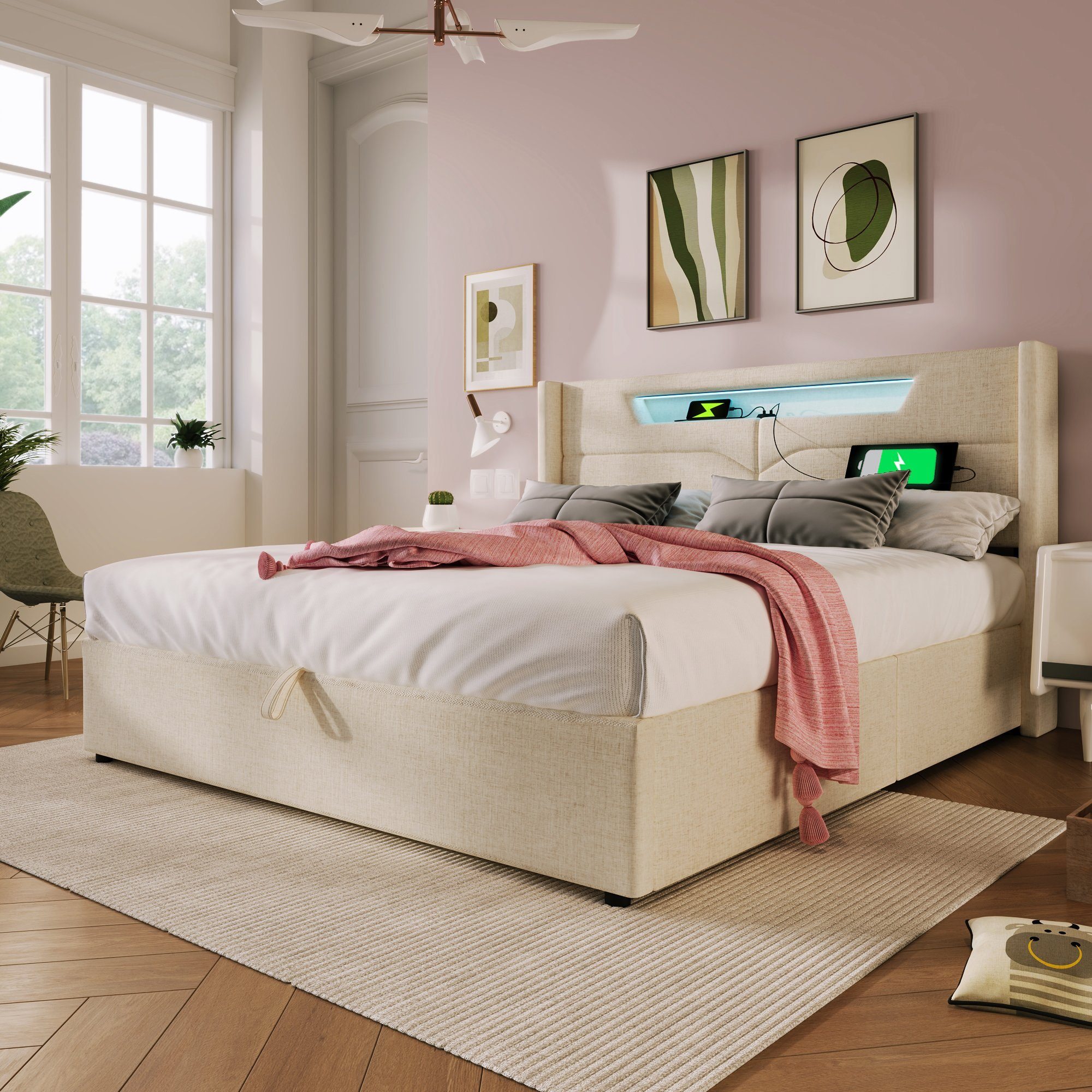 OKWISH Polsterbett LED Doppelbett mit USB günstig online kaufen