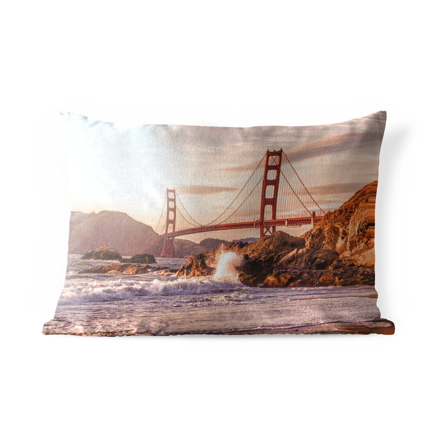 MuchoWow Dekokissen Golden Gate Bridge San, Kissenhülle wilden Wellen, in Dekokissenbezug, die an die Polyester, Felsen Outdoor-Dekorationskissen, mit