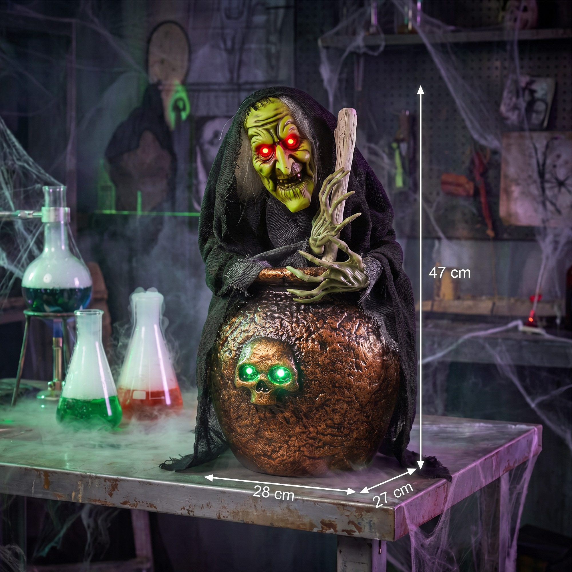 HOMCOM Dekofigur Animierte Halloween-Tischhexe (Set, 1 St., 1-tlg), Sound-,Touch-Aktivierung, rührender Kessel, LEDs – Bild 3 von 5