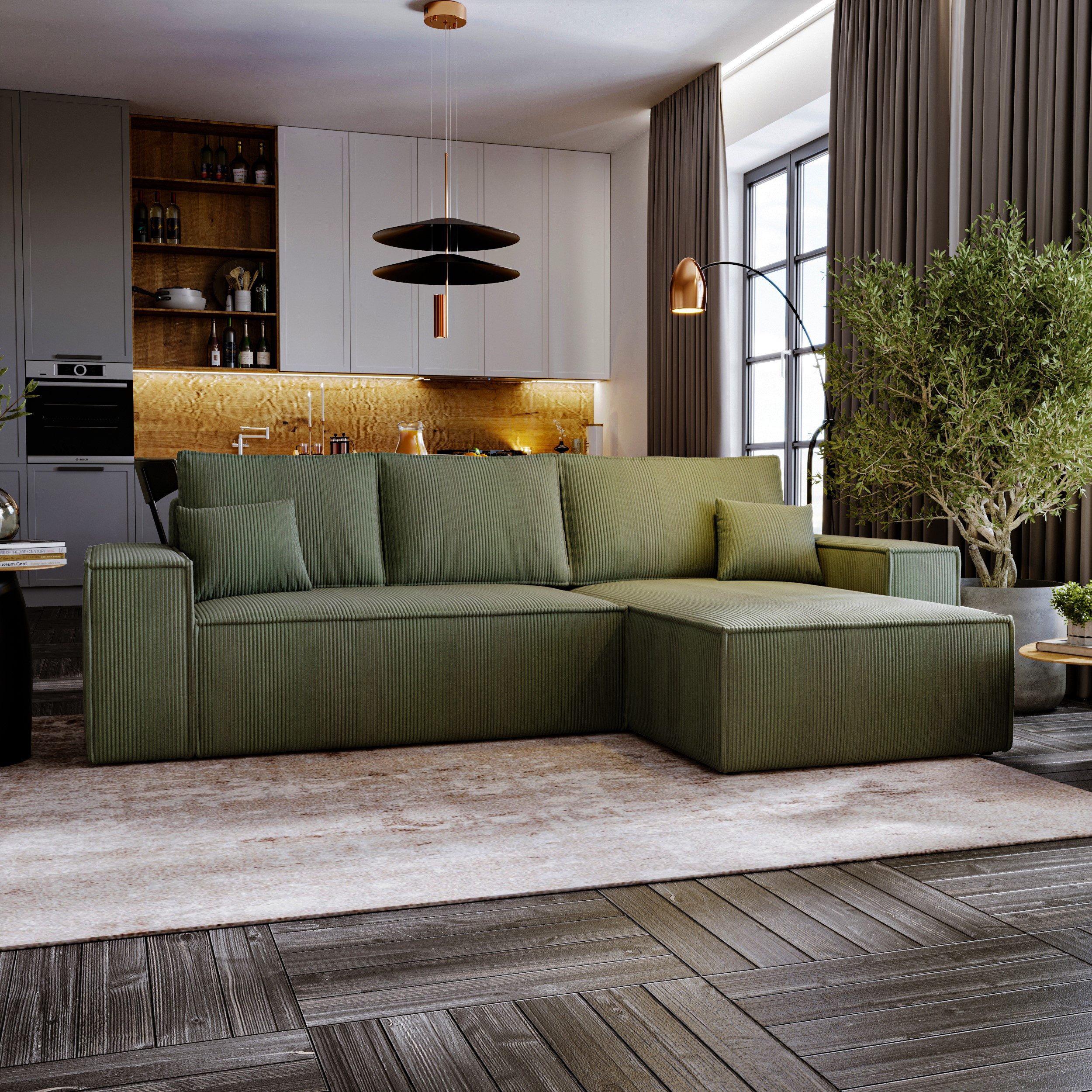 yourhouse24 Ecksofa Olimpia L, 279 cm, Cord, L-Form mit Schlaffunktion & Bettkasten, Modernes Ecksofa im angesagten Cord-Look