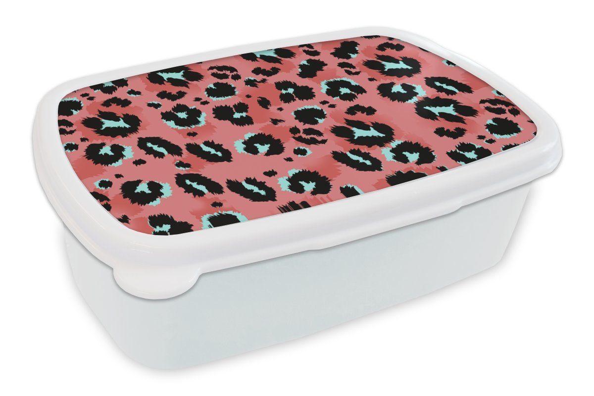 MuchoWow Lunchbox Pantherdruck - Rosa - Blau - Muster, Kunststoff, (2-tlg), Brotbox für Kinder und Erwachsene, Brotdose, für Jungs und Mädchen weiß