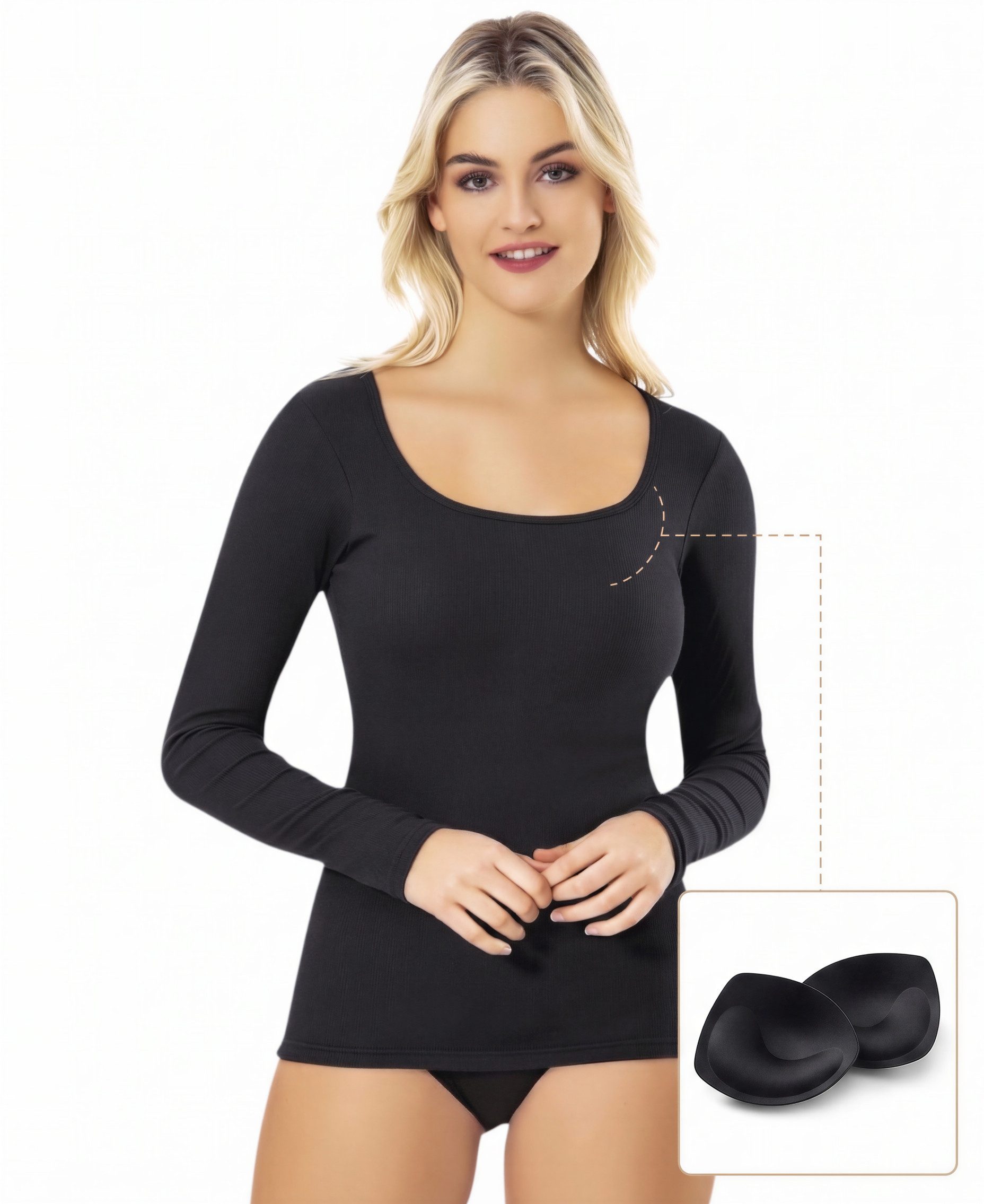 Shirttop Damen Langarmshirt Modal-Rippshirt mit Karree-Ausschnitt & Pads