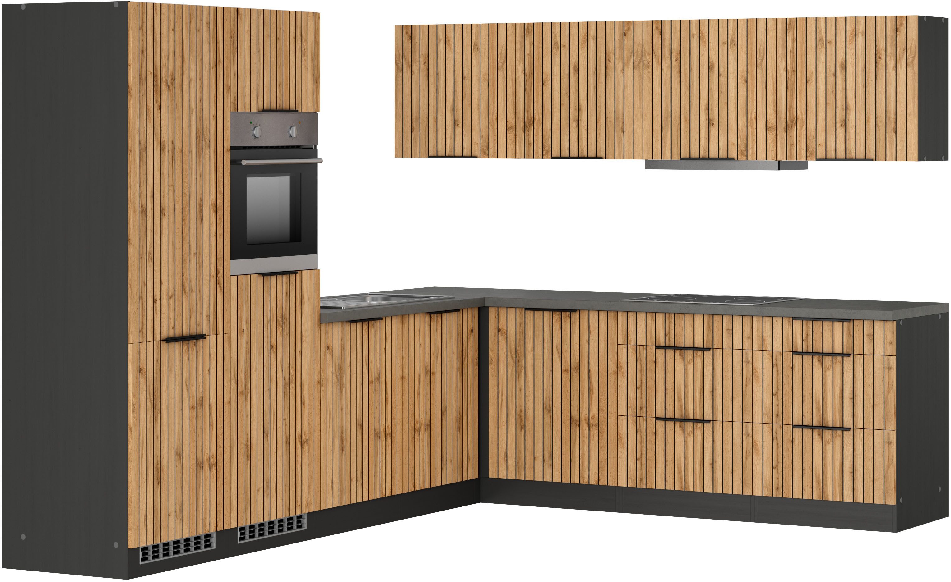 KOCHSTATION Winkelküche KS-Lagos, Stellbreite 300/240 cm, wahlweise mit E-Geräten, Spüle edelstahl oder schwarz