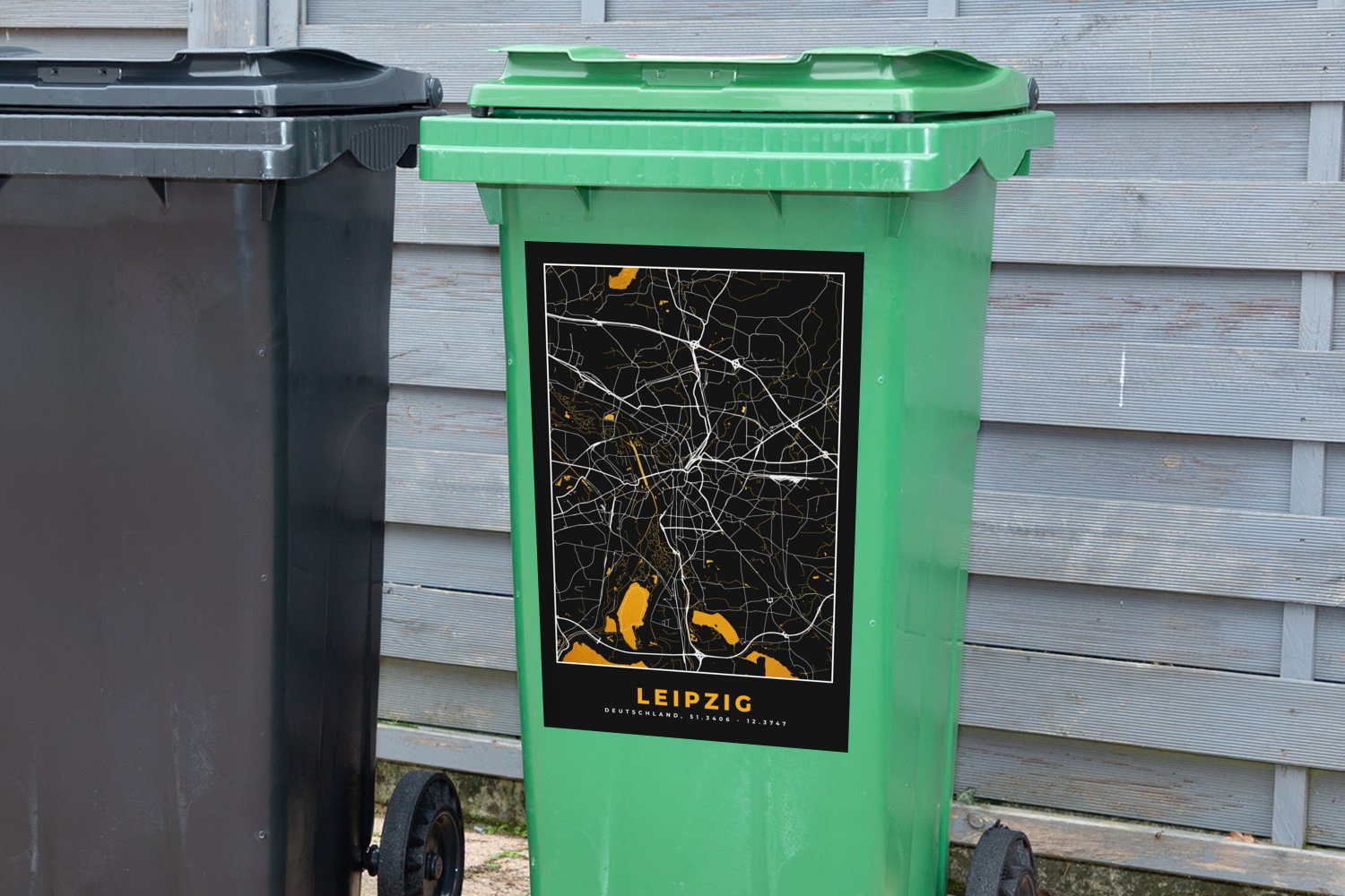 MuchoWow Wandsticker Abfalbehälter (1 Container, - Gold Deutschland Mülltonne, St), Karte Leipzig - - - Sticker, Stadtplan Mülleimer-aufkleber