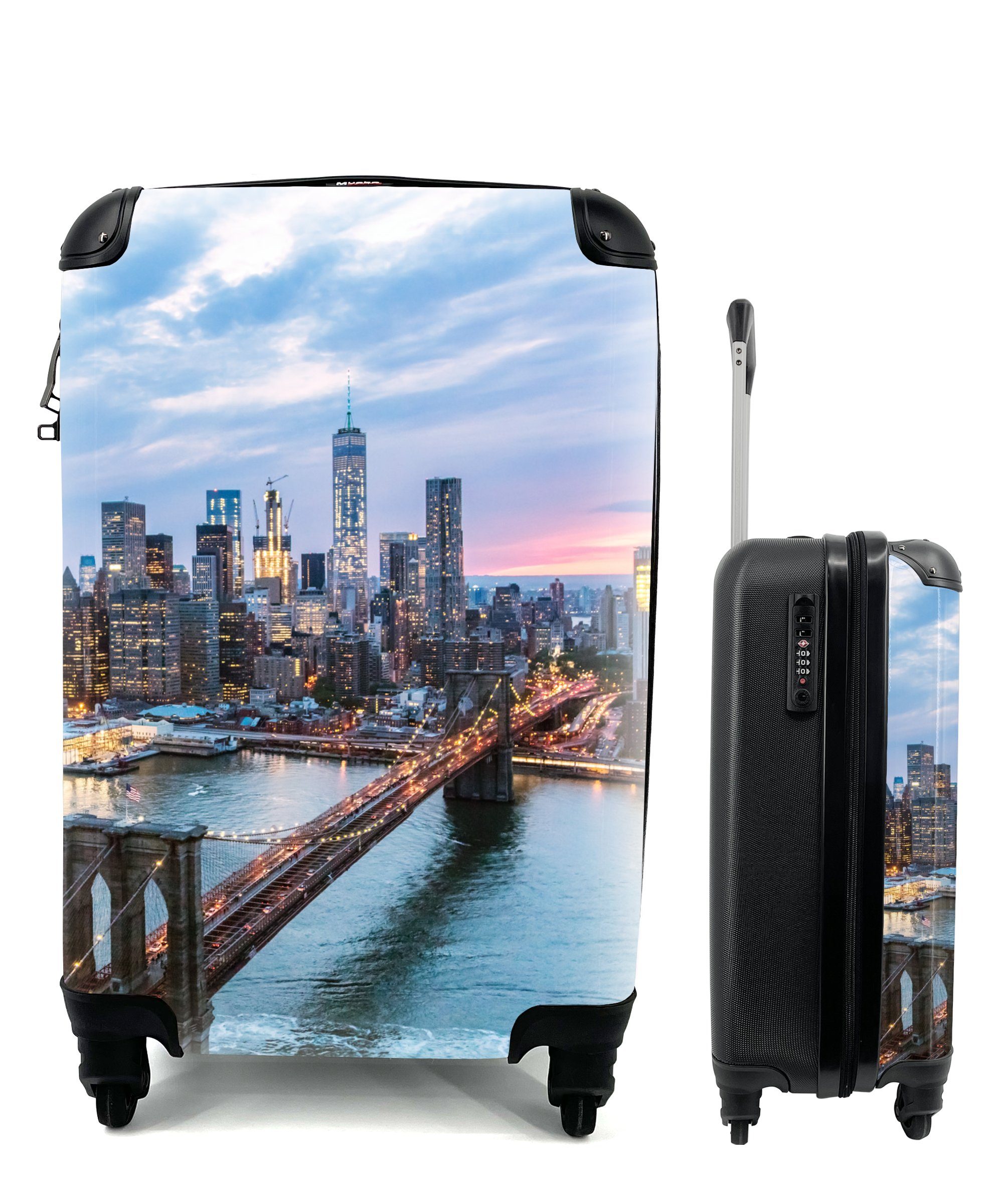 MuchoWow Handgepäckkoffer New Yorker Skyline an der Brooklyn Bridge, 4 Rollen, Reisetasche mit rollen, Handgepäck für Ferien, Trolley, Reisekoffer