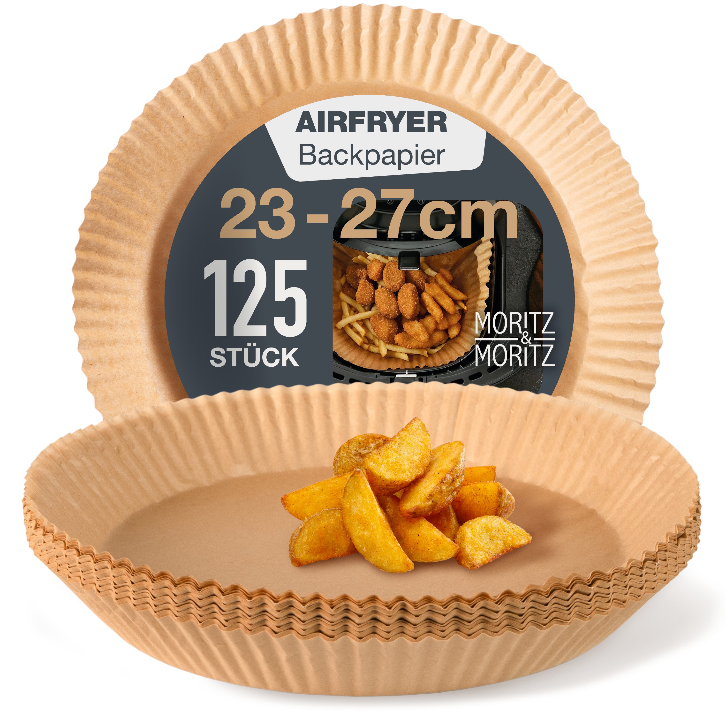 Moritz & Moritz Backpapier für Airfryer 125Stk. Backpapier Rund Ø 23 cm, 125Stk. für 5-8 L Heißluftfritteuse & Backofen