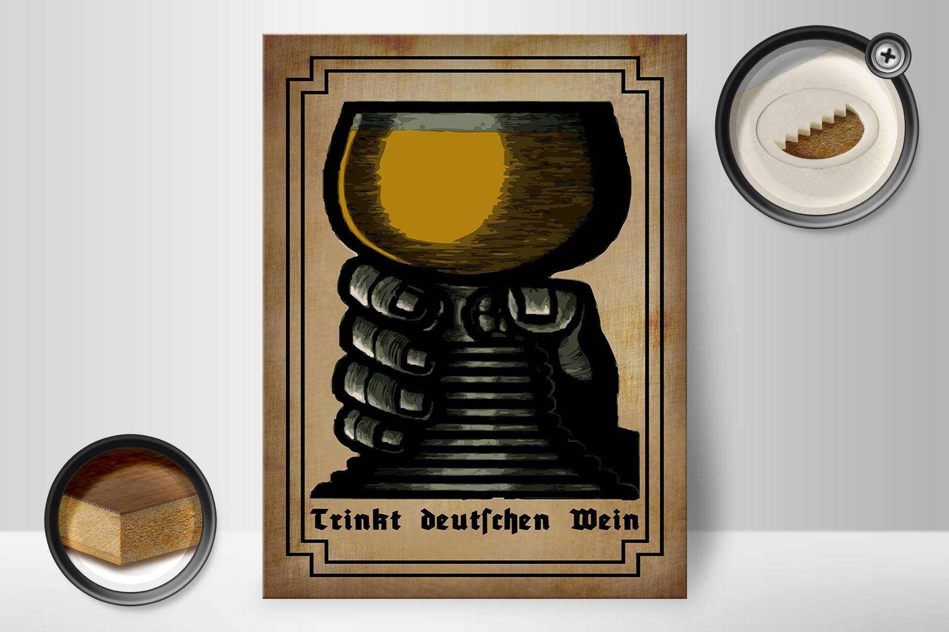 Femer GmbH Holzbild Alkohol 30x40 cm Trinkt deutschen Wein Hand mit Weißwein, (1 St), Glatte Holzfaserplatte (MDF), vorn beschichtet