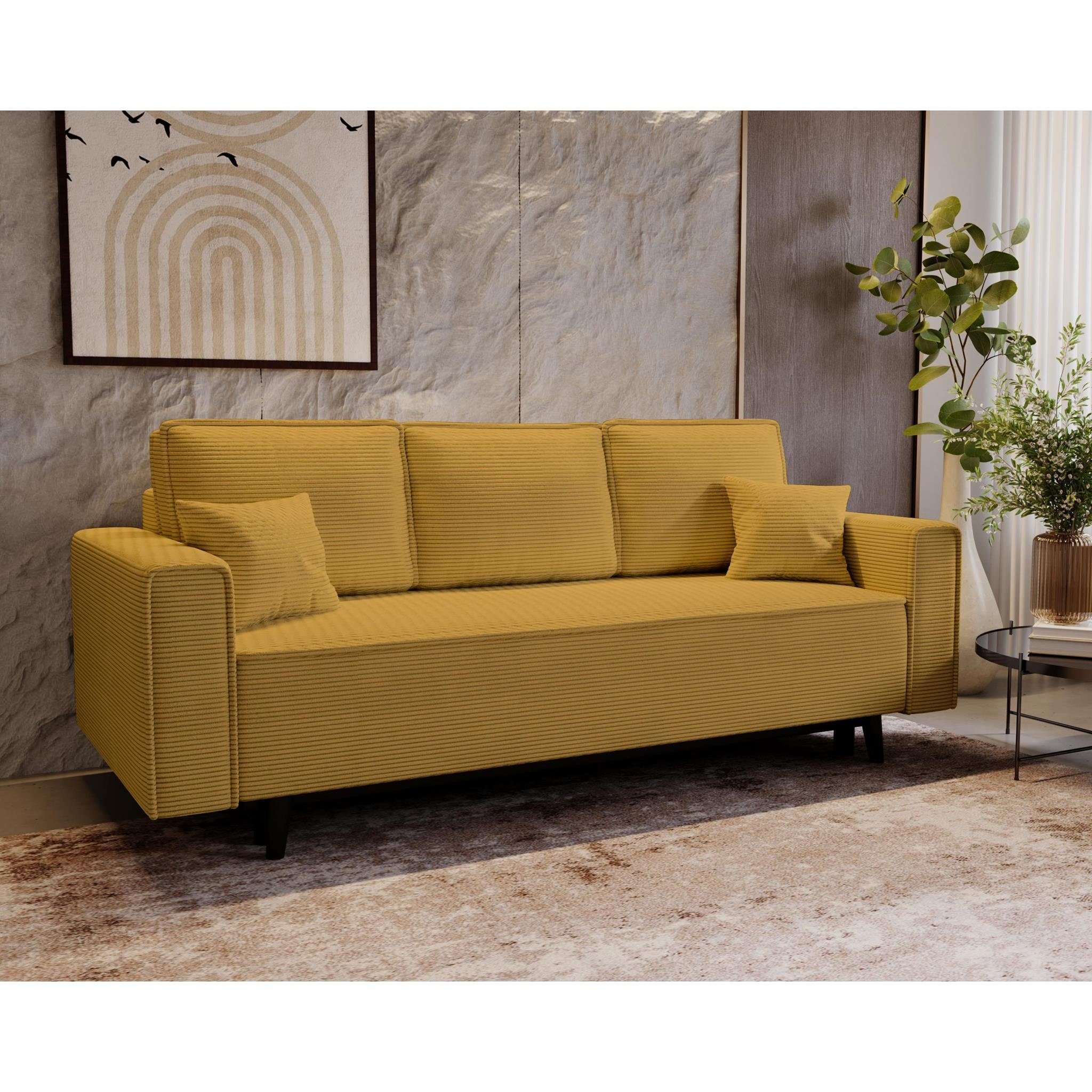 Beautysofa Schlafsofa Monte, stilvoll Polstersofa, mit Relaxfunktion, Cord-Bezug, Bettkasten, 225x95 cm Gelb (poso 01)