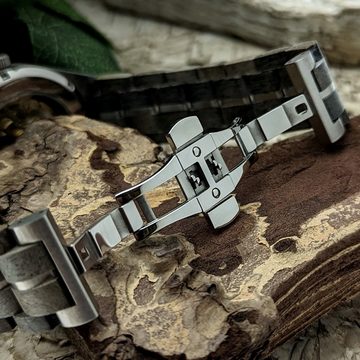 Holzwerk Automatikuhr DEMMIN Herren Edelstahl & Holz Armband Uhr, grau, silber, blau/rot