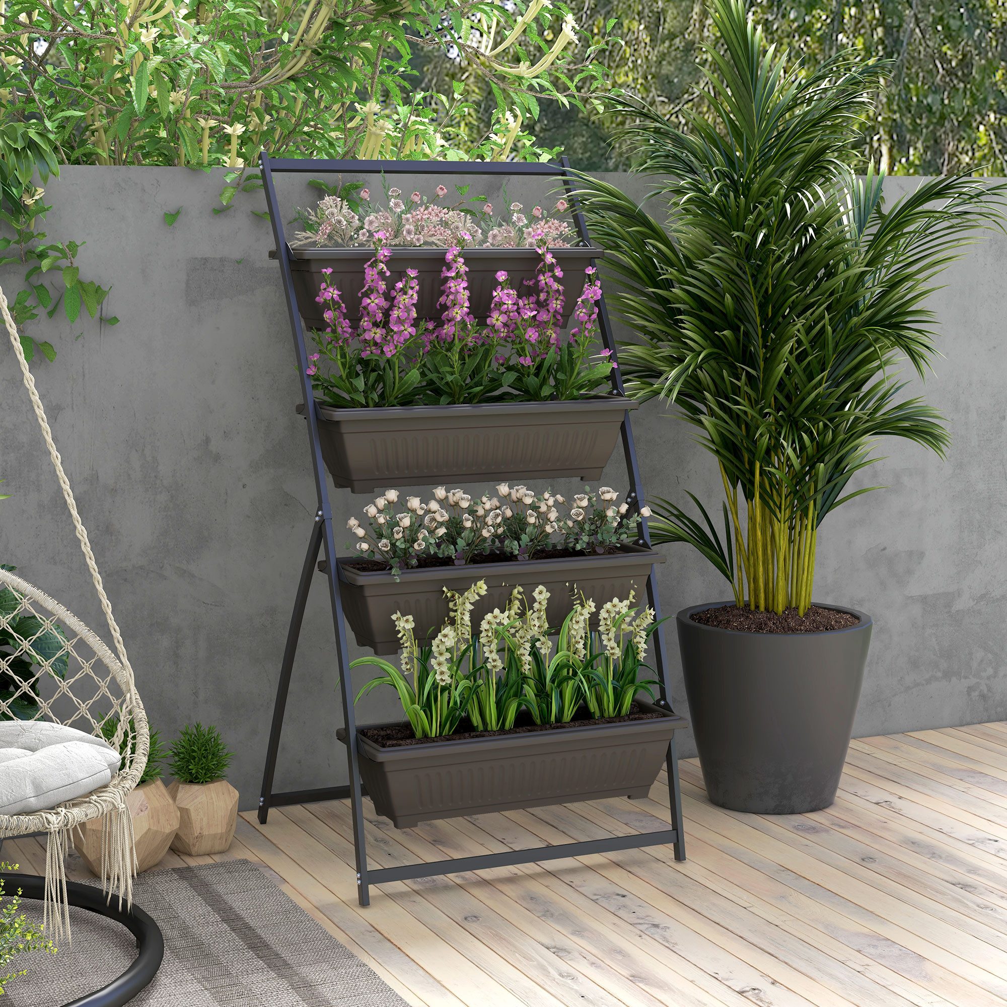 Outsunny Pflanzentreppe Pflanzenständer,Blumenständer 4 Etagen,Pflanzenregal mit Löchern (Blumentreppe, 1 St., Blumenregal), für Garten, Stahl, Braun, 76 x 79 x 162 cm