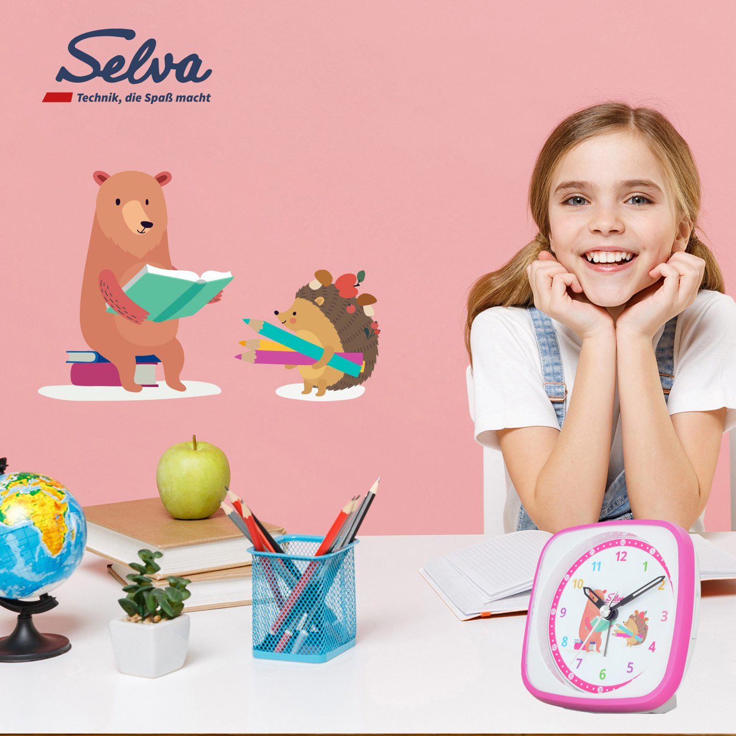 lautlos, Technik Licht SELVA Selva Exklusiv Kinderwecker, pink Wanduhr mit analog,