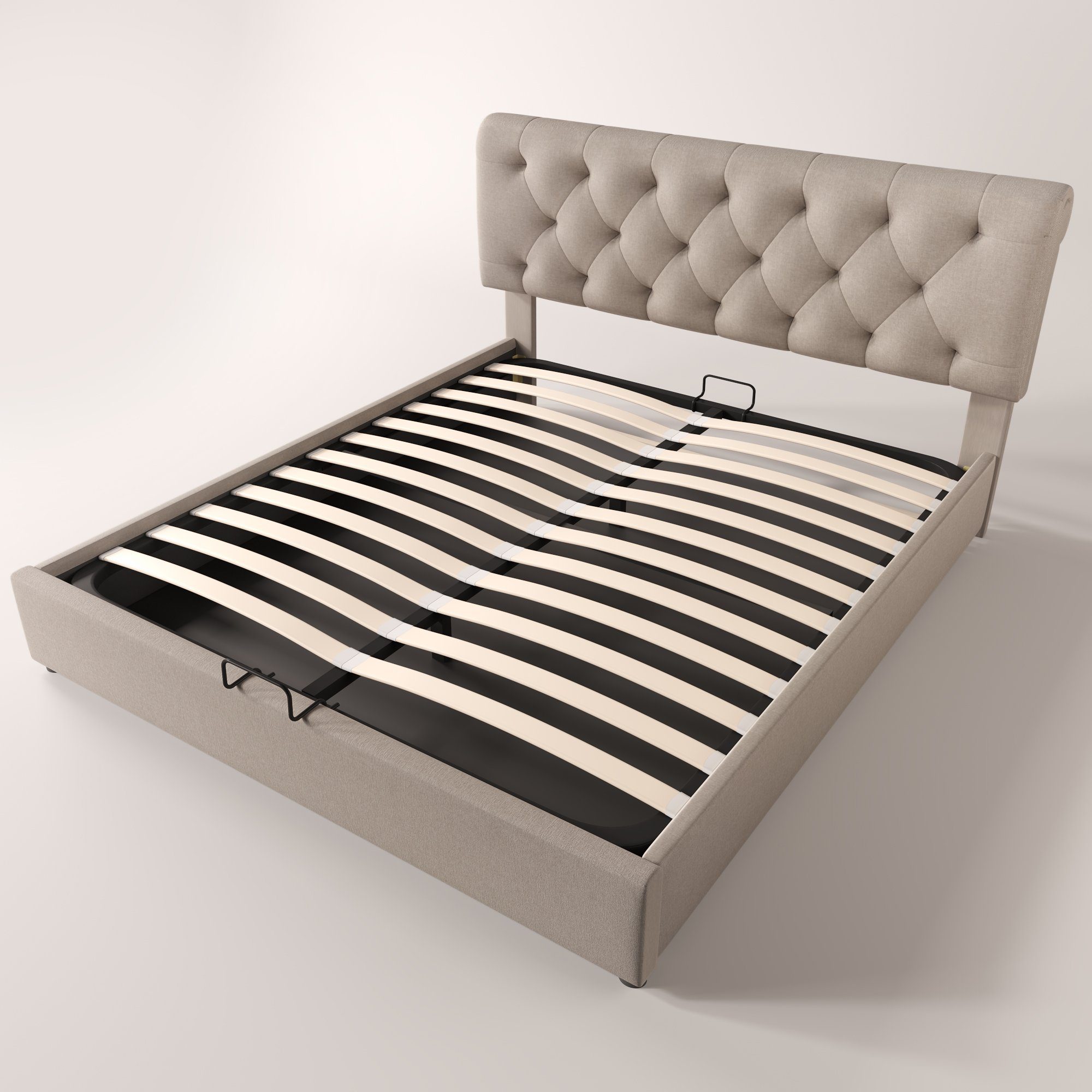 Boxspringbett (Polsterbett mit Lattenrost und Bettkasten, verstellbarem Kopfteil), 140x200 cm Hydraulisches Doppelbett, Bezug aus Leinen, Kiefernholz