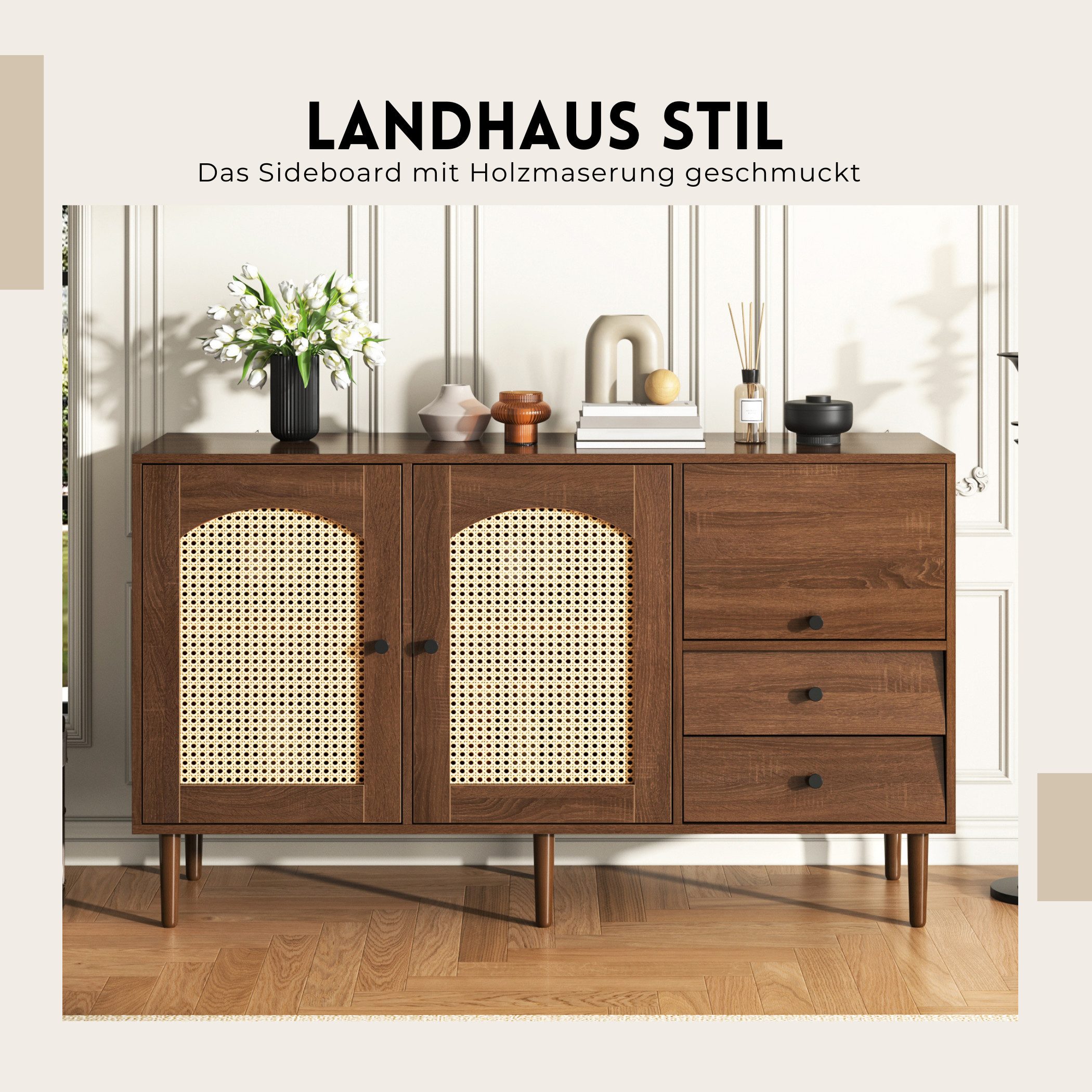 SeedWave Sideboard Retro Kommode, mit Rattantüren, 2 Schubladen, 1 umklappbarer Tür, Verstellbare Einlegeböden; Ausgehöhlte Rattantüren; Magnetverschluss