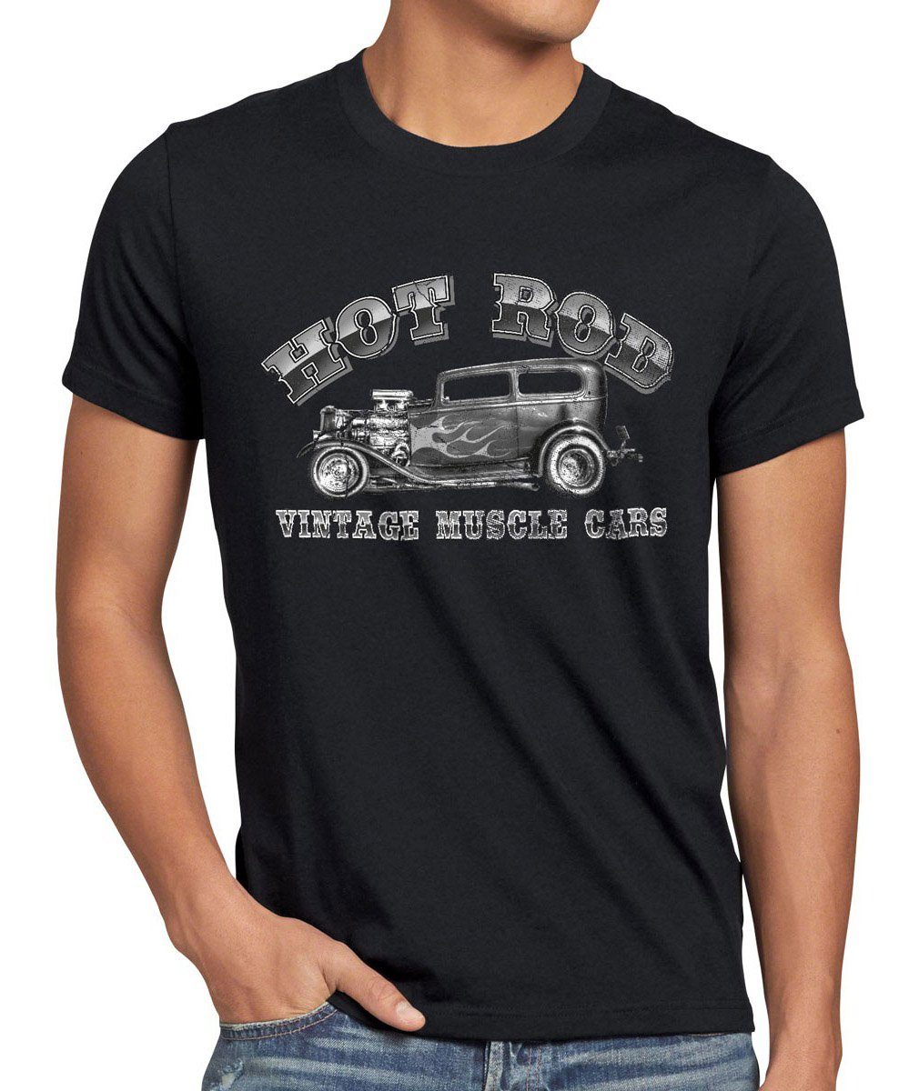 style3 Print-Shirt Herren T-Shirt Vintage HOT ROD Muscle Car Motor Auto Rocker Action US ford motor schwarz