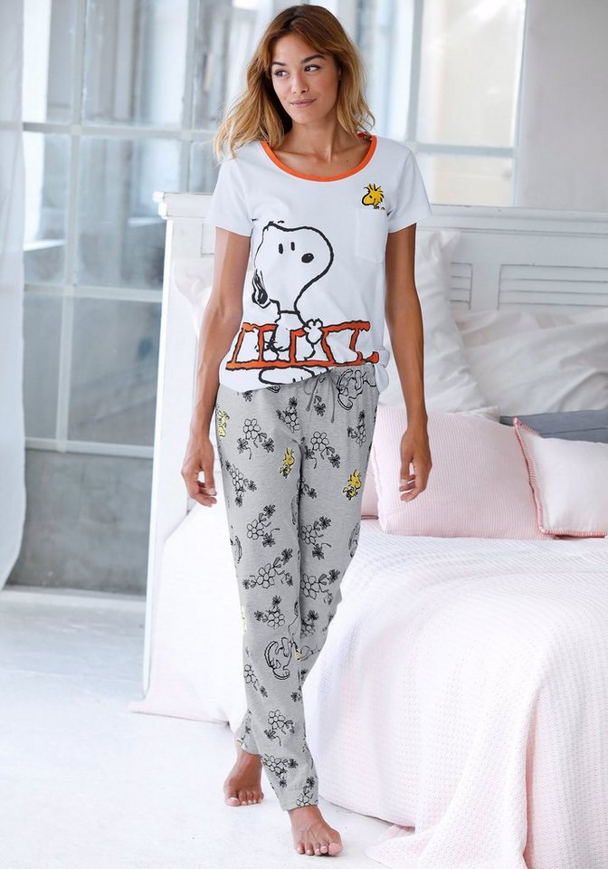 PEANUTS Pyjama (2 tlg., 1 Stück) mit Snoopy und Woodstock Druck, Shirt mit  kurzen Ärmeln und farblich abgesetztem Ausschnitt