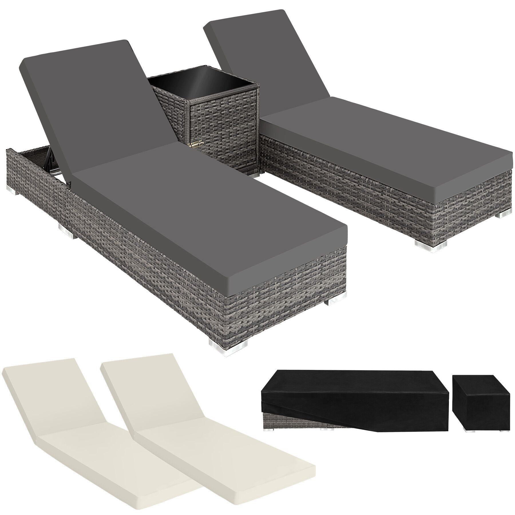 tectake Gartenliege Rattan Sonnenliegen, inklusive 2 Bezugssets und Schutzhülle, Balkonliege Nautica, 1 St., in Grau, wetterfest und UV-beständig, Tisch mit Staufach, Sicherheitsglasplatte