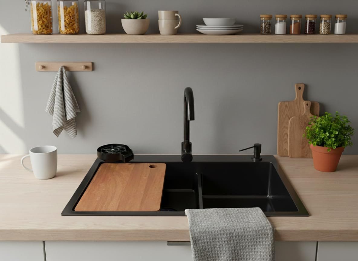 Faizee Home Edelstahlspüle Quantum Schwarz Edelstahlspüle 75x45 cm – Küchenspüle mit Zubehör