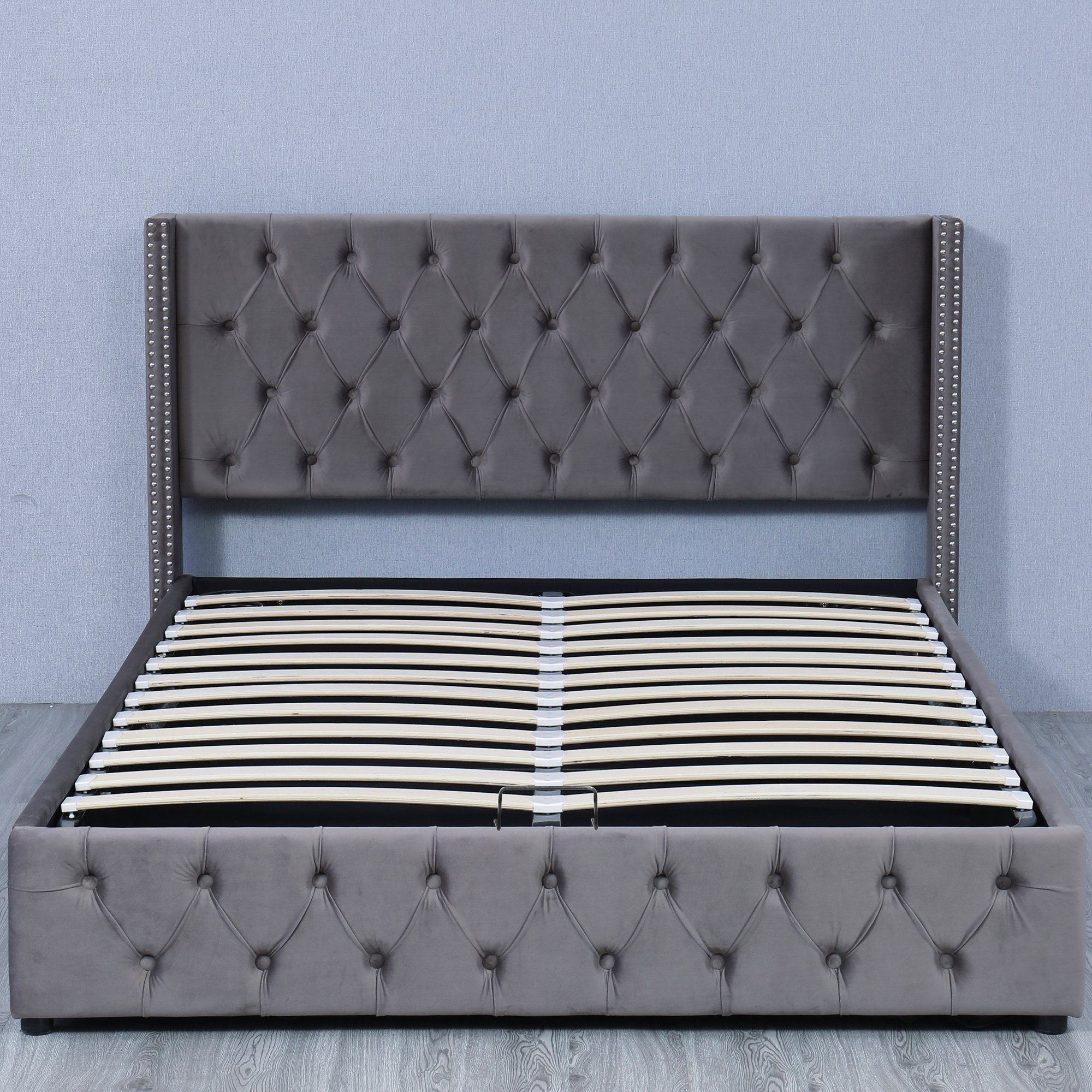 Boxspringbett, Hydraulisches Polsterbett Doppelbett mit Bettkasten und Lattenrost, 140 x 200 cm Funktionsbett, Grau Samtbezug, Gepolstertes Kopfteil, ohne Matratze