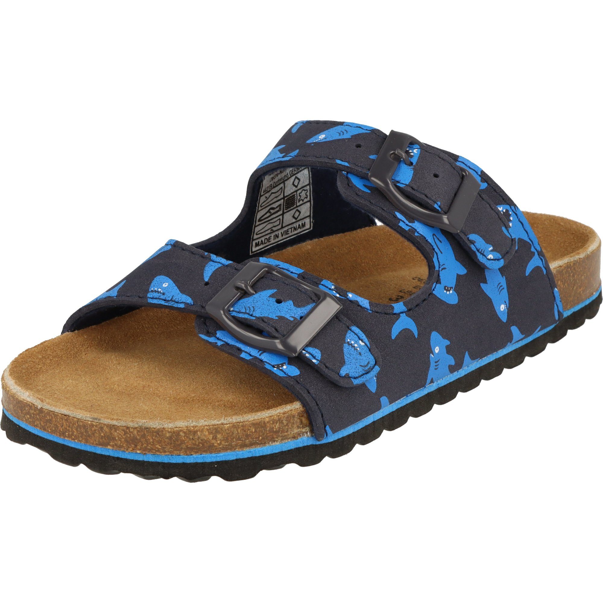 SUPERSOFT Jungen Hausschuh Lederfußbett 474-423 mit Hai-Motiven Pantolette verstellbar, gepolstert