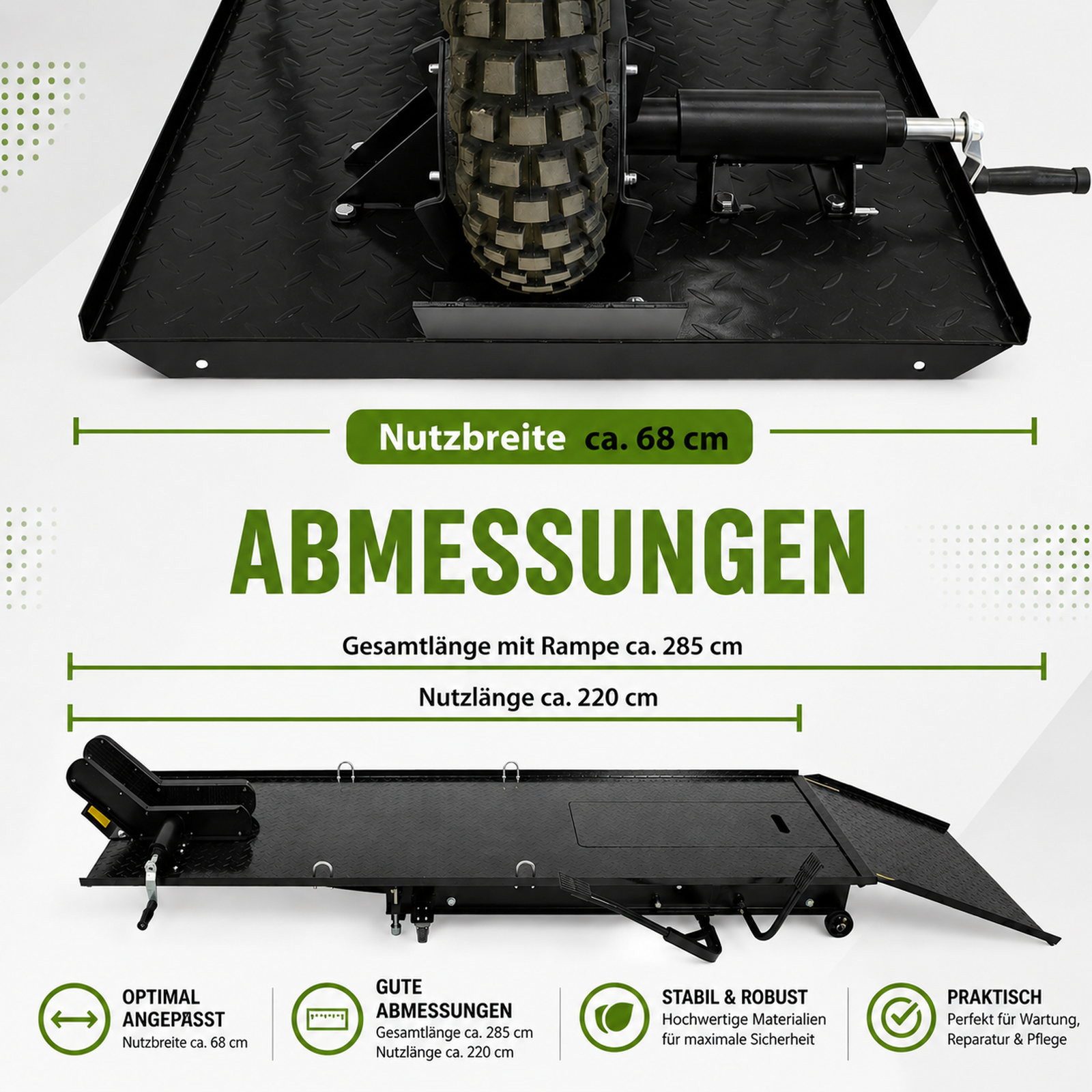 TRUTZHOLM Hydraulikheber Motorradhebebühne hydraulisch 450 kg Extra-Breit 68 cm Parallelhub, Extra-Breit, stufenloses Heben und Senken, abnehmbare Rampe