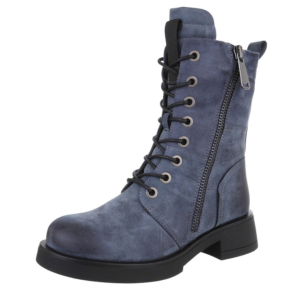 Ital-Design Modischer Damen-Boot mit Reißverschluss und Schnürung Schnürstiefelette (90515082) Blockabsatz Schnürstiefeletten in Blau