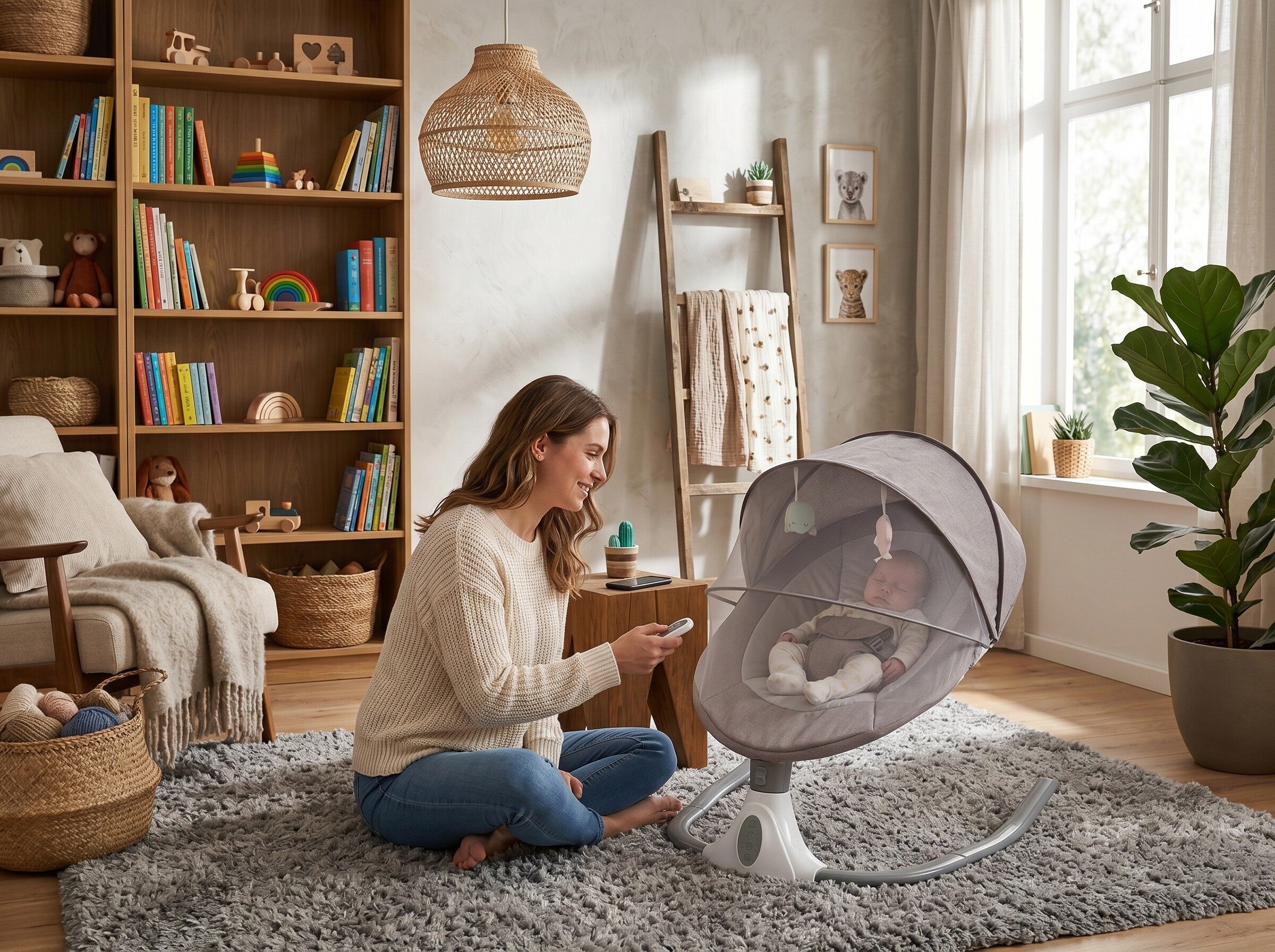 GARRYFIZH Babywippe Smart Baby Wippe Auto-Schaukel Bluetooth, Fernbedienung, bis 20kg, Tragbar,faltbare,Baby Schaukel 24Monatemit Moskitonetz,4Schaukelstufen