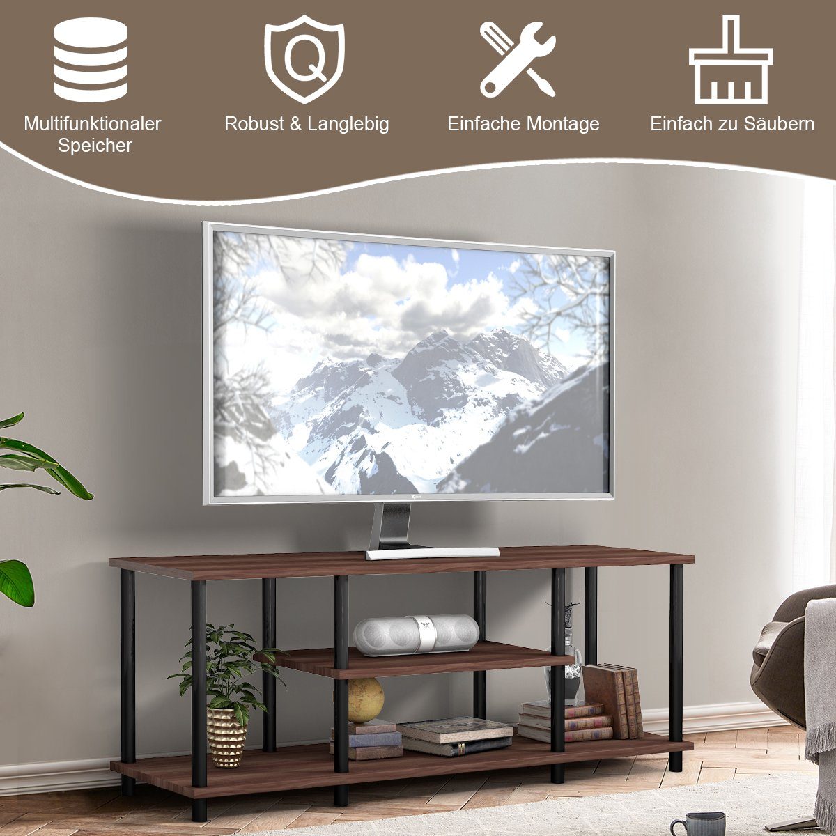COSTWAY TV-Schrank 110cm Holz Kaffee breit, Fernsehschrank