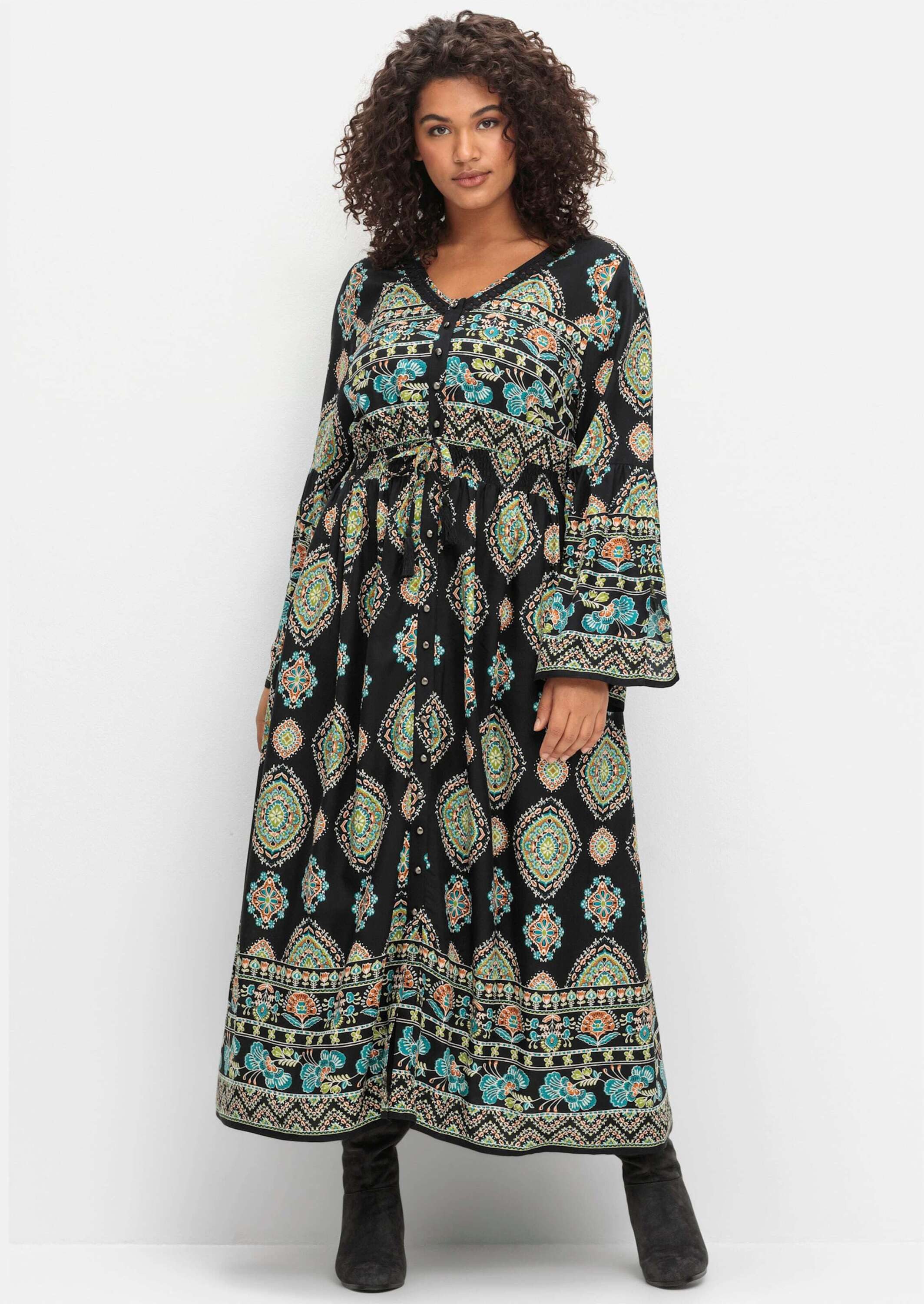 sheego by Joe Browns Etuikleid Maxikleid Langarm im Boho-Stil, mit Trompetenärmeln