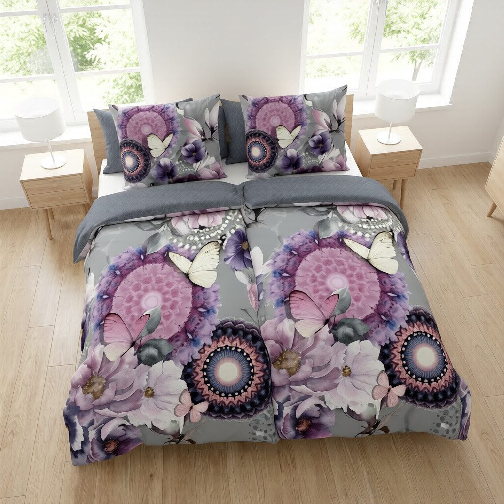 hip Bettwäsche Baumwolle, Renforcé, 2 teilig, lila Mandalas mit Blumen und Schmetterlingen, grau