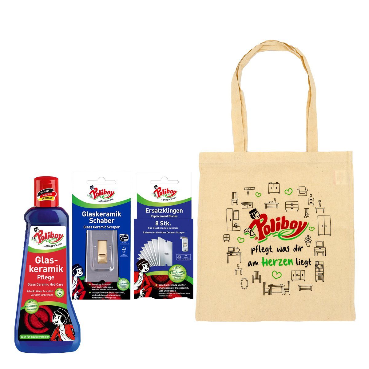 poliboy Glaskeramik Reinigungsset - 4-teilig Glaskeramikreiniger (alles was man zur Reinigung und Pflege von Glaskeramik braucht)
