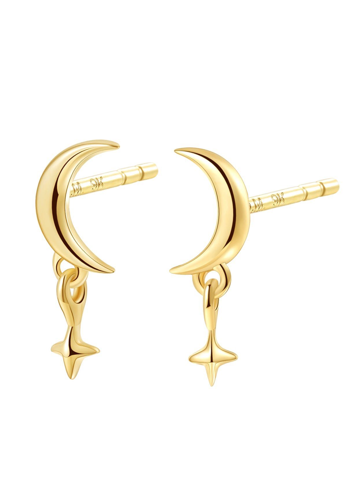 Dear Me Paar Ohrstecker Damen 375 Gold Stern Mond, Gold Ohrringe Massiv klein, 9K Echtgold Halbmond Stern Ohrstecker hängend, Geschenk Idee