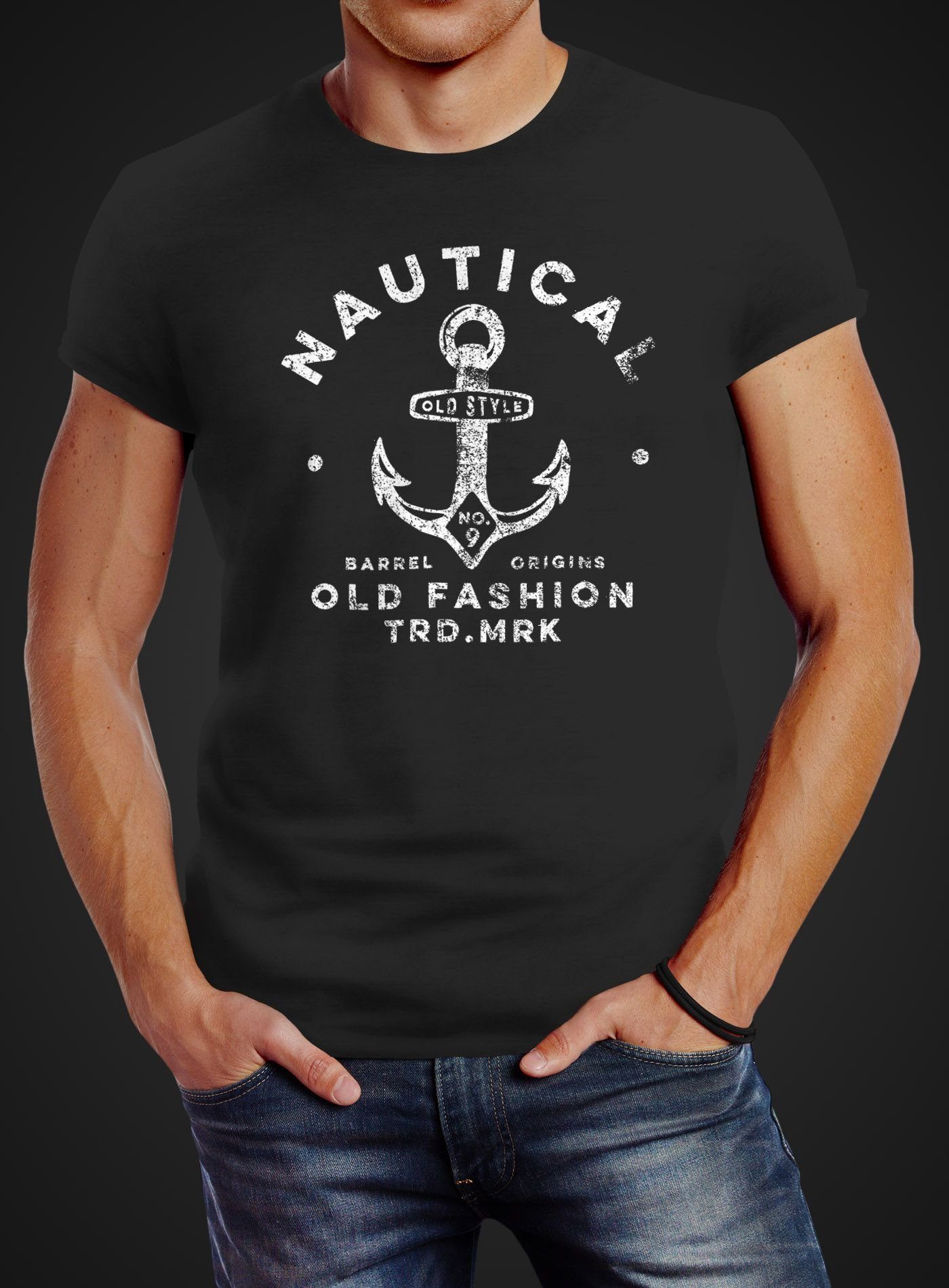 T-Shirt Anker Print Retro mit Neverless Neverless® Print-Shirt Fashion Design Herren Schriftzug Nautical Motiv Streetstyle Old Fashion schwarz