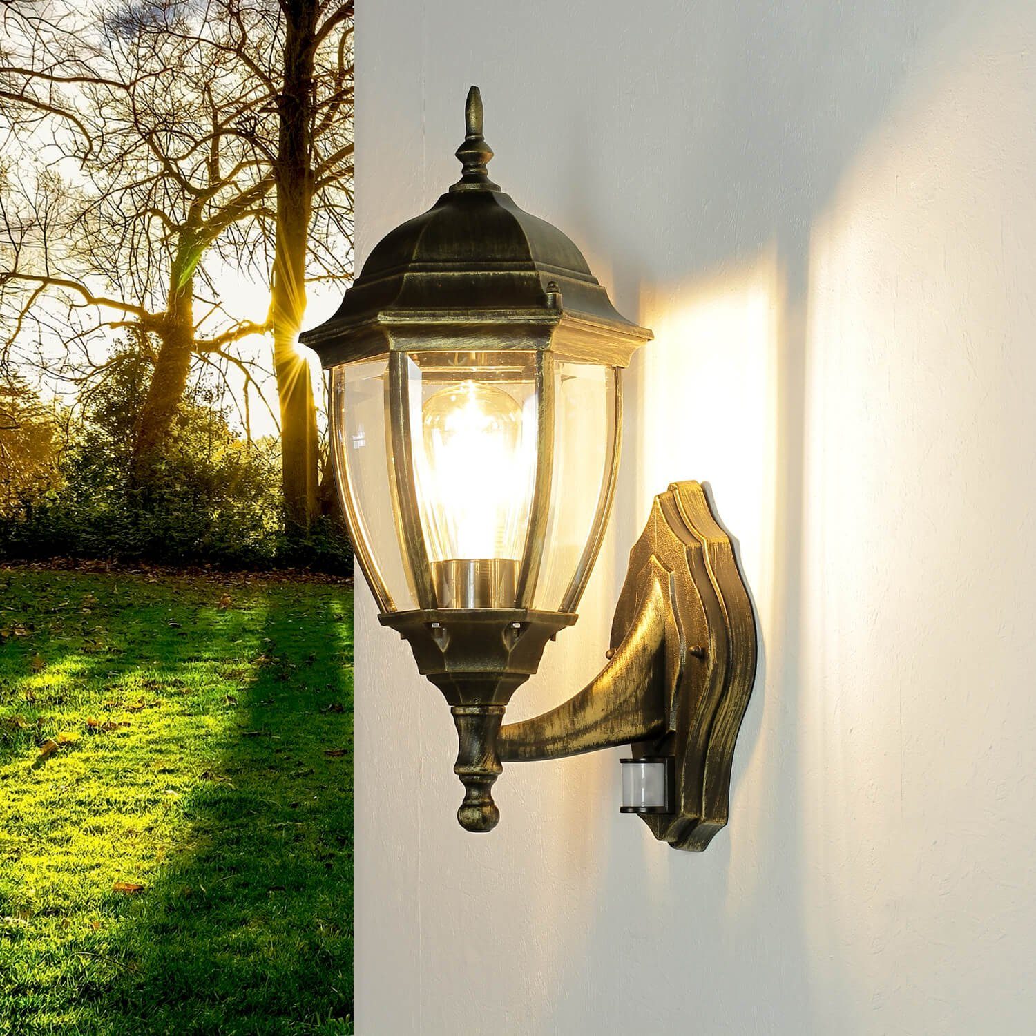Licht-Erlebnisse Außen-Wandleuchte »TORONTO«, ohne Leuchtmittel,  Außenleuchte mit Bewegungsmelder Gold Antik Balkon Wand Lampe