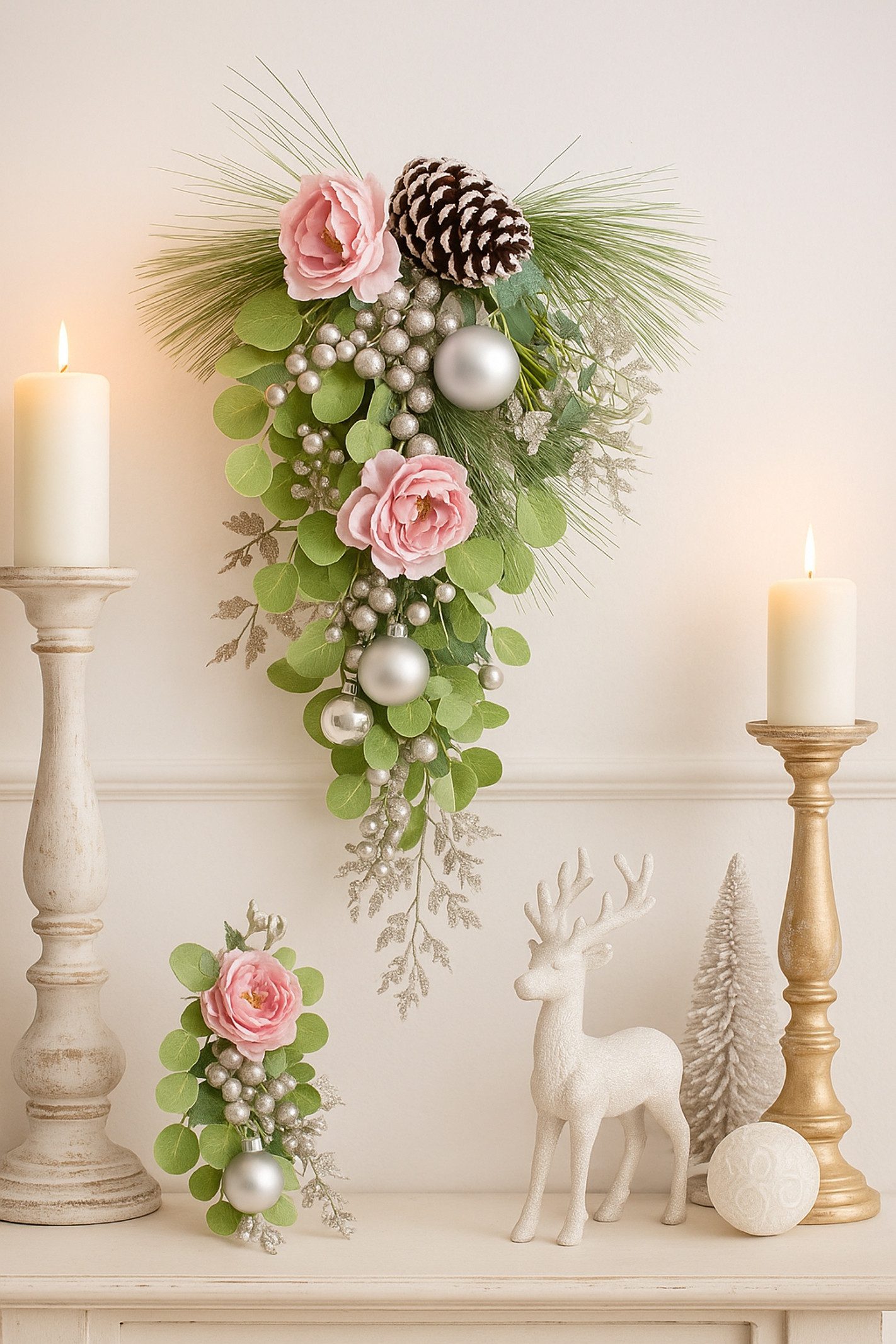 Kunstblume Wandhänger Päonie/Beeren, I.GE.A., Höhe 70 cm, Wanddeko Tanne, Eukalyptus, Zapfen, Weihnachtsdeko