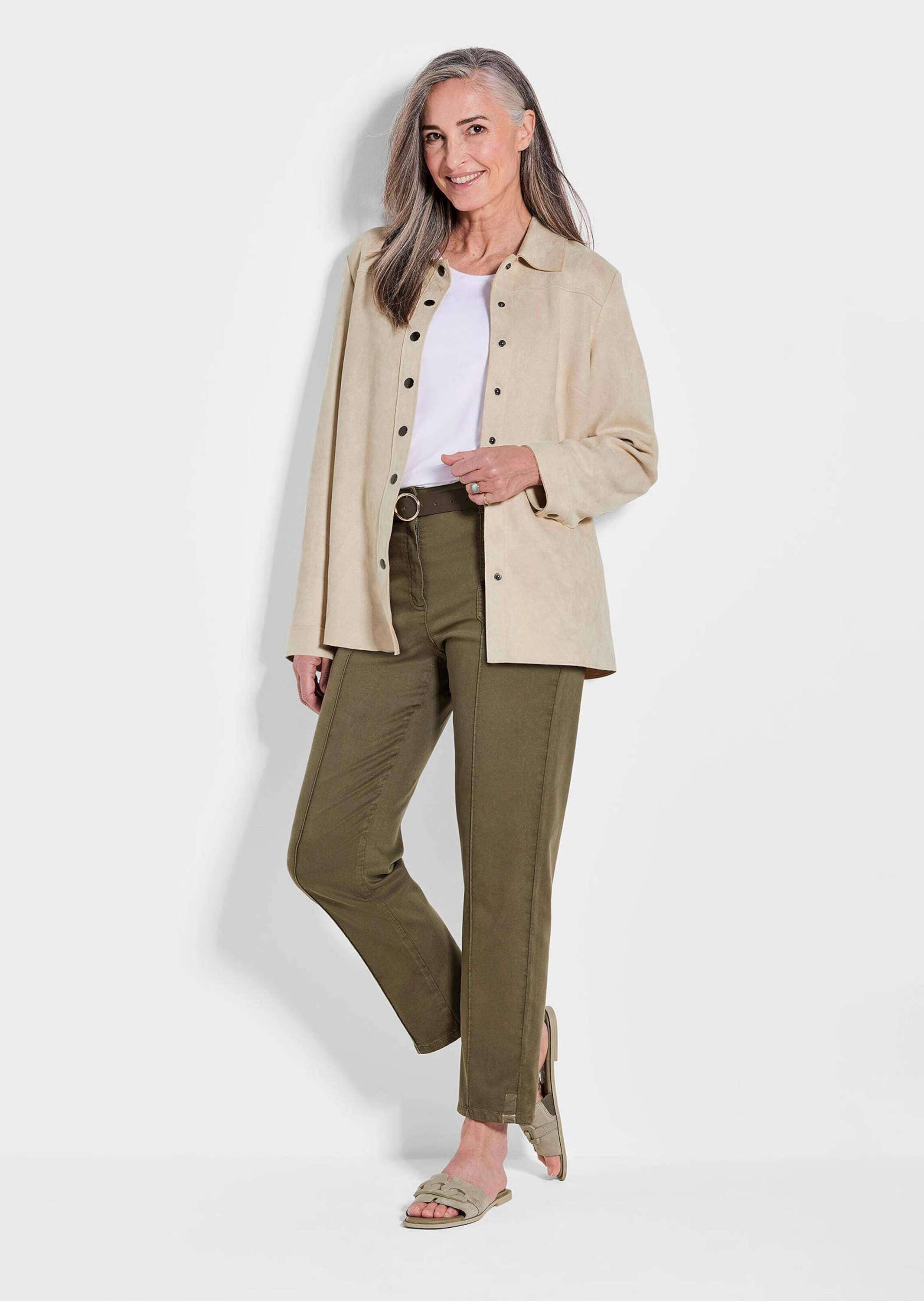 GOLDNER Outdoorjacke Leichte Damenjacke in Velourslederoptik Damen Indoorjacke braun, Veloursoptik, Langarm, weich, Übergangsjacke