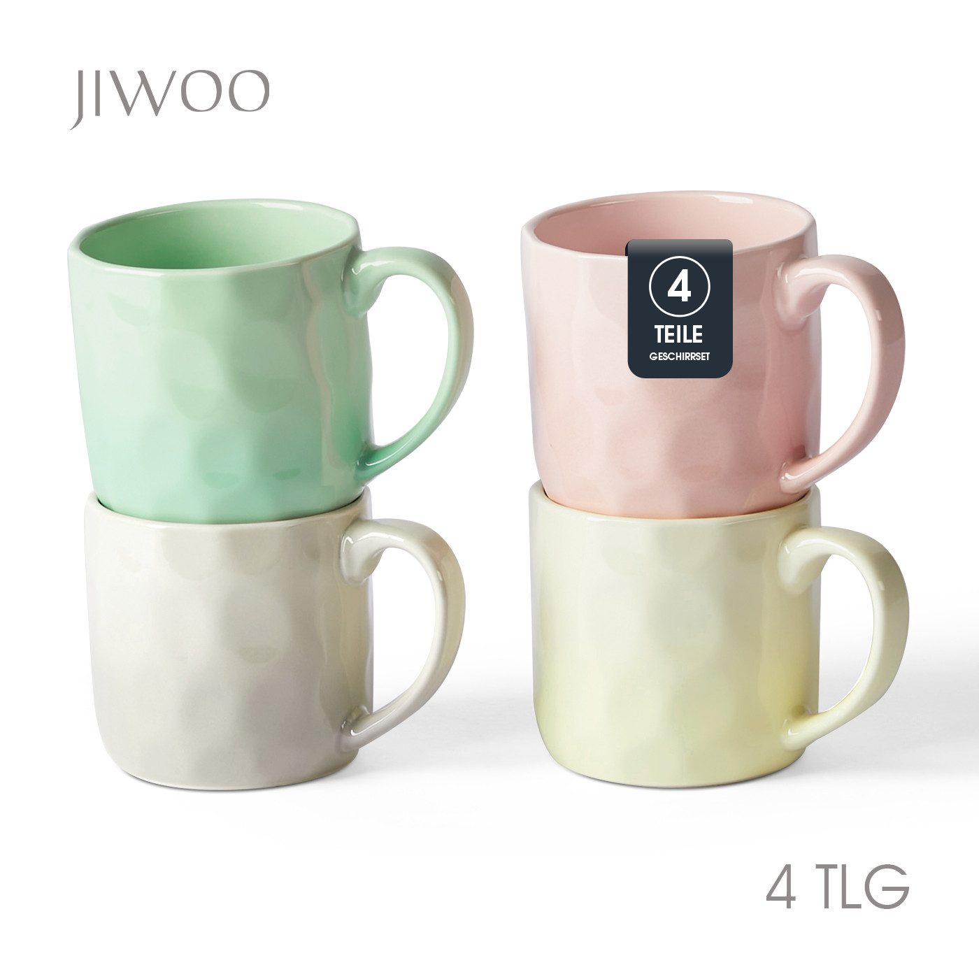 JIWOO Tasse 4er,380ml,Skandinavische Keramiktassen-Set,Kaffeebecher,Teebecher, 4-tlg., Keramik, Keramiktassen Handgefertigt Kafeeservice Mikrowellen spülmaschinenfest