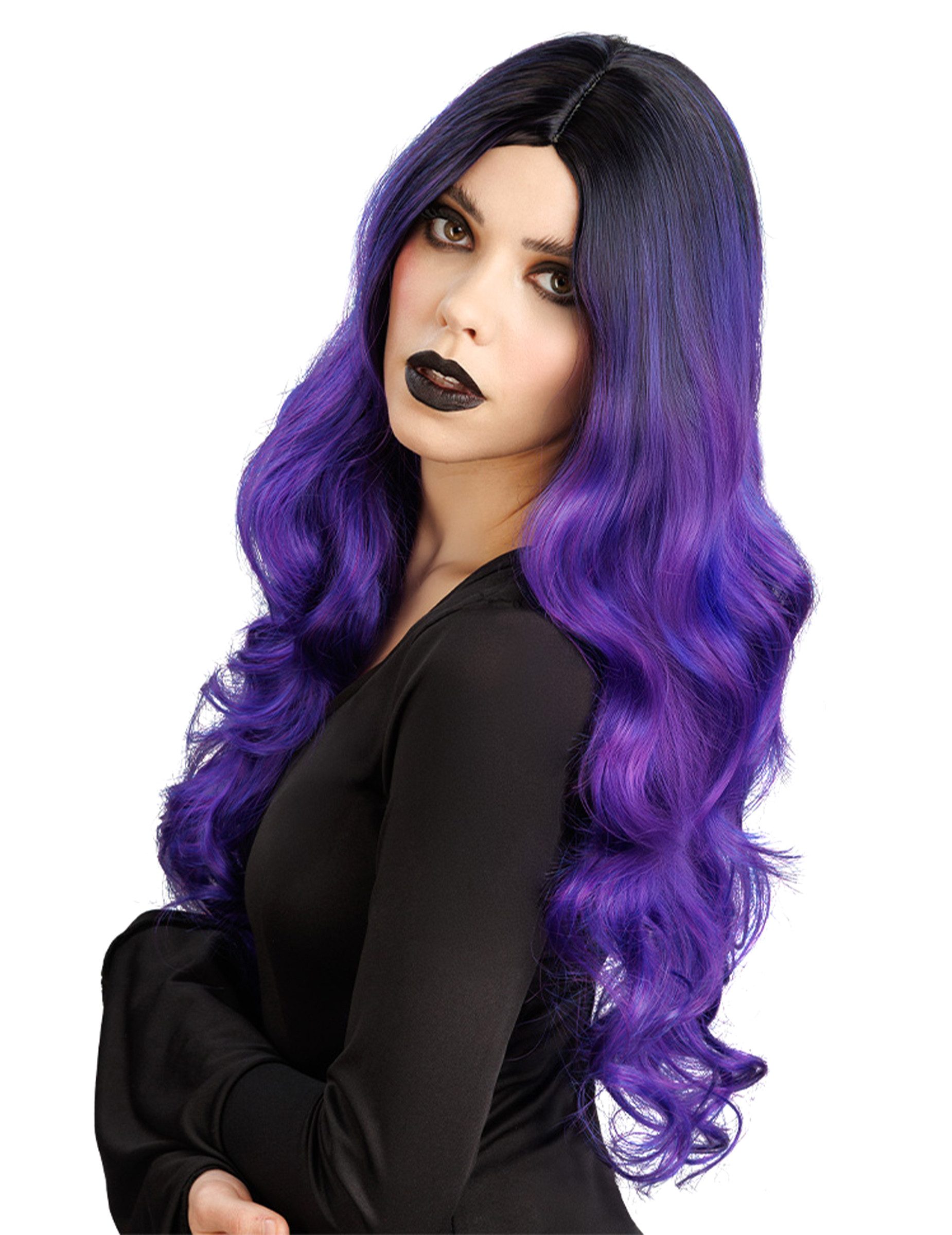 CHAKS Kostüm Ombré-Perücke lila + schwarz Luxus Damen