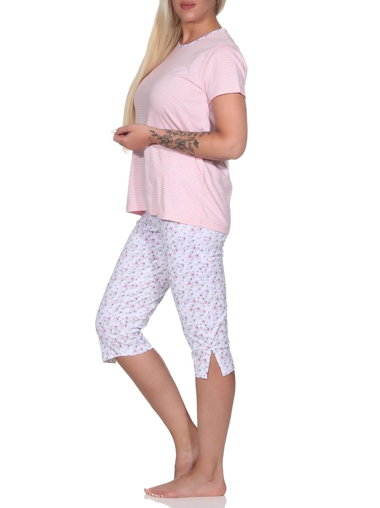 Normann Pyjama Floraler Damen Capri Schlafanzug mit Streifen, 3/4 Hose & Rundhals