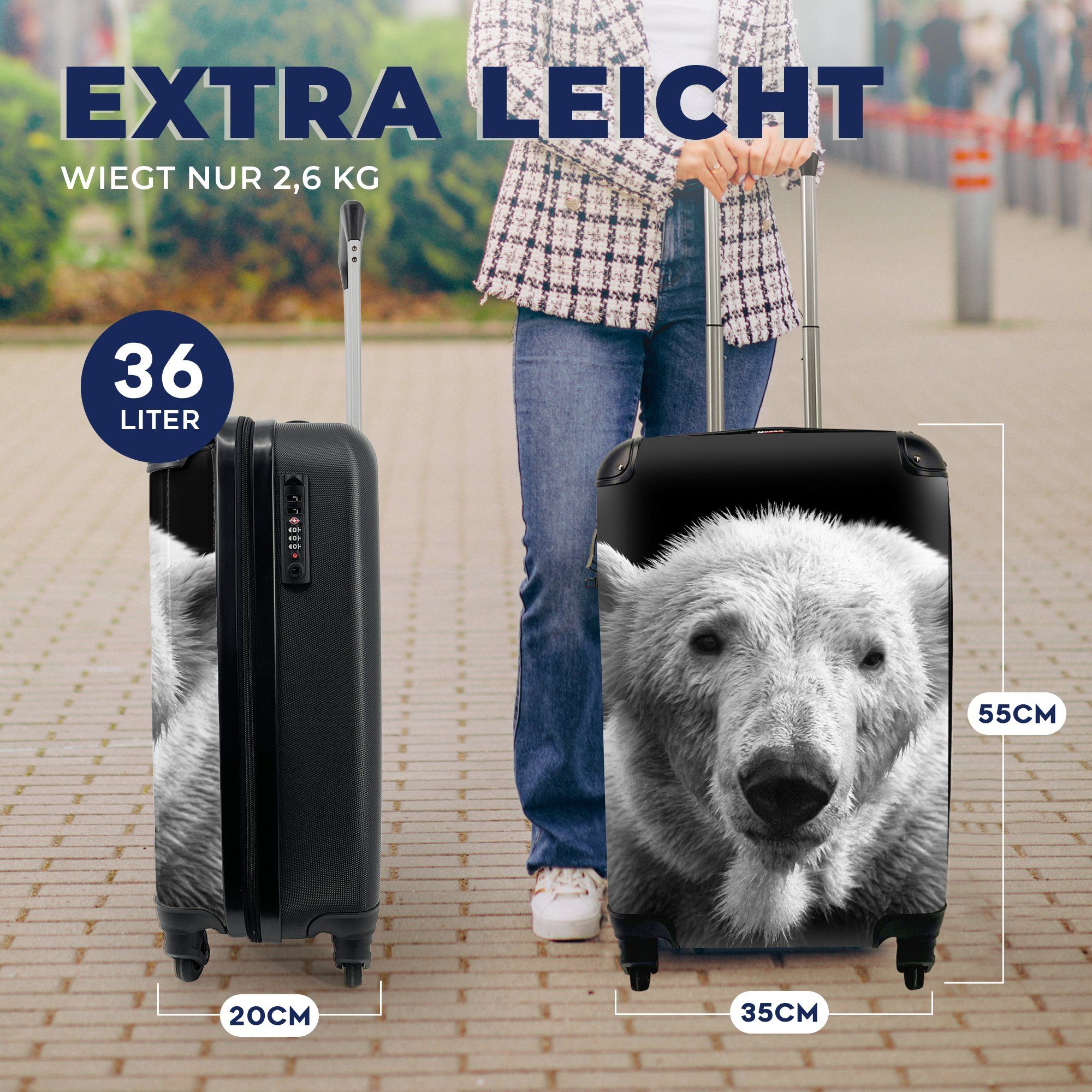 MuchoWow - Reisekoffer Tier mit Trolley, Handgepäck Weiß, Rollen, Schwarz - rollen, für - Reisetasche 4 Ferien, Handgepäckkoffer Eisbär