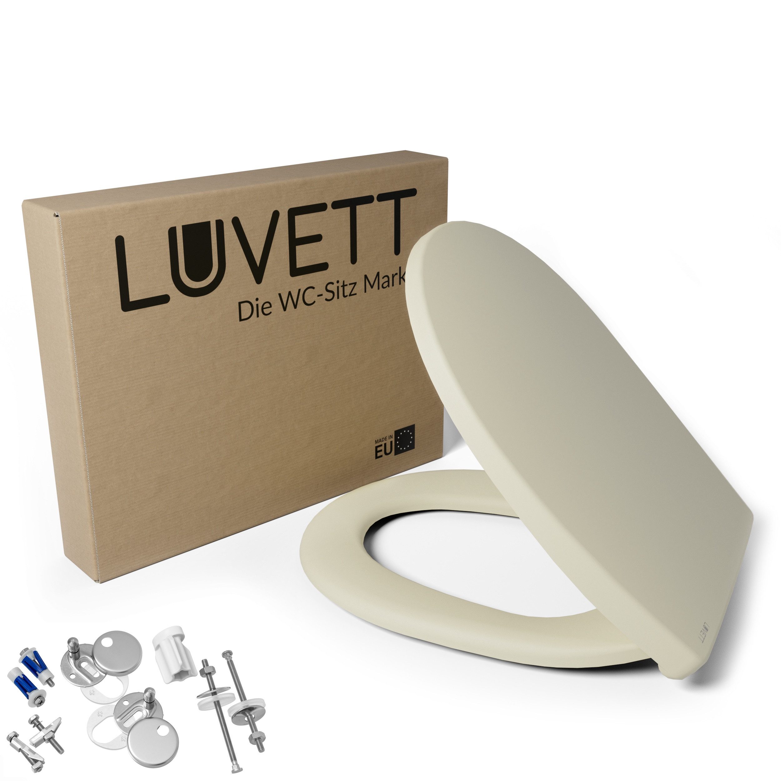 LUVETT WC-Sitz C100 mit Absenkautomatik, Duroplast sanitär, Universelle O-Form (Komplett-Set, Inklusive 3 Befestigungsarten), mit Original SoftClose® Absenkautomatik, Duroplast